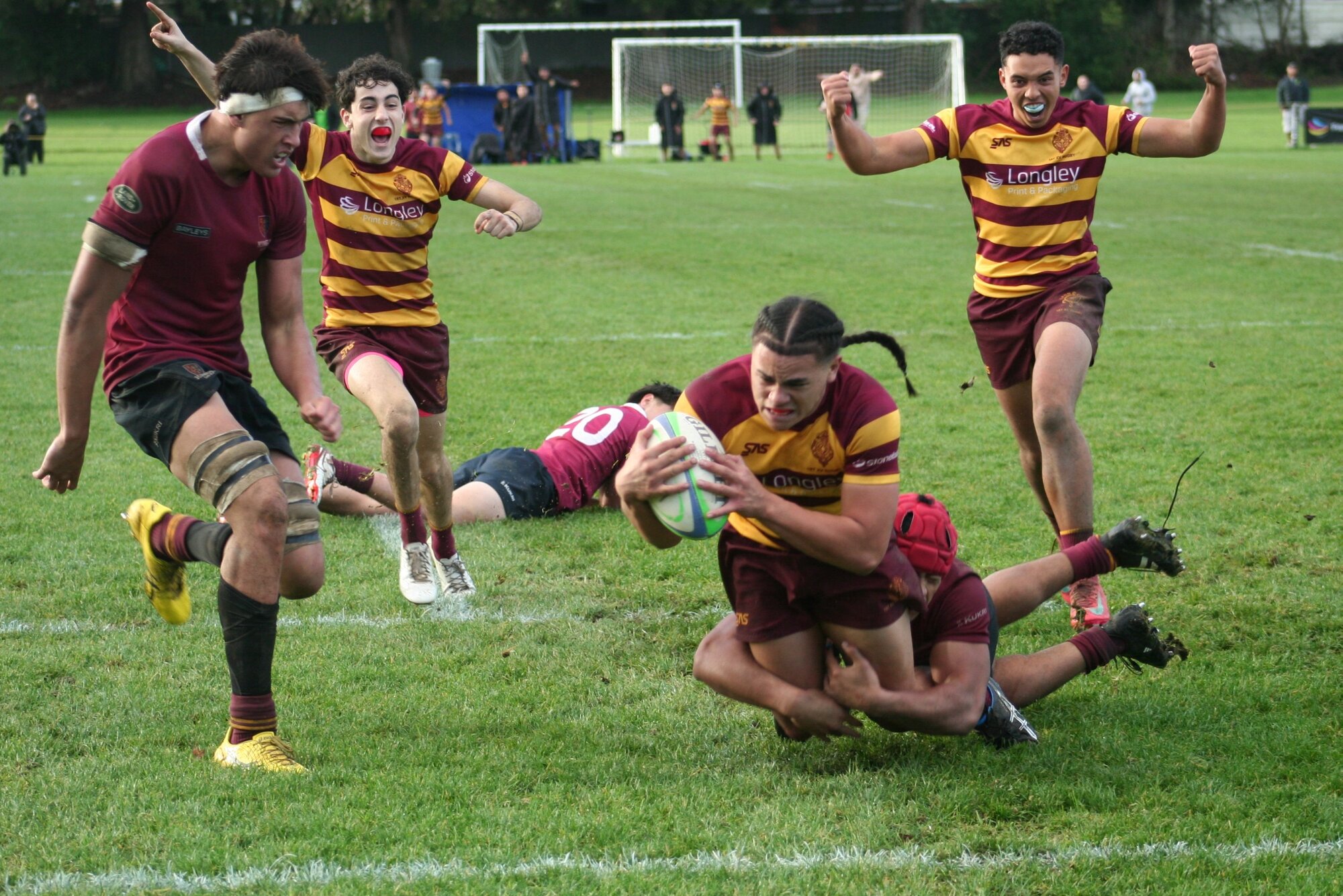 Liston sub Josiah Fuaaletoelau scores his last-minute winning try against King's College. Photo / Bruce Holloway