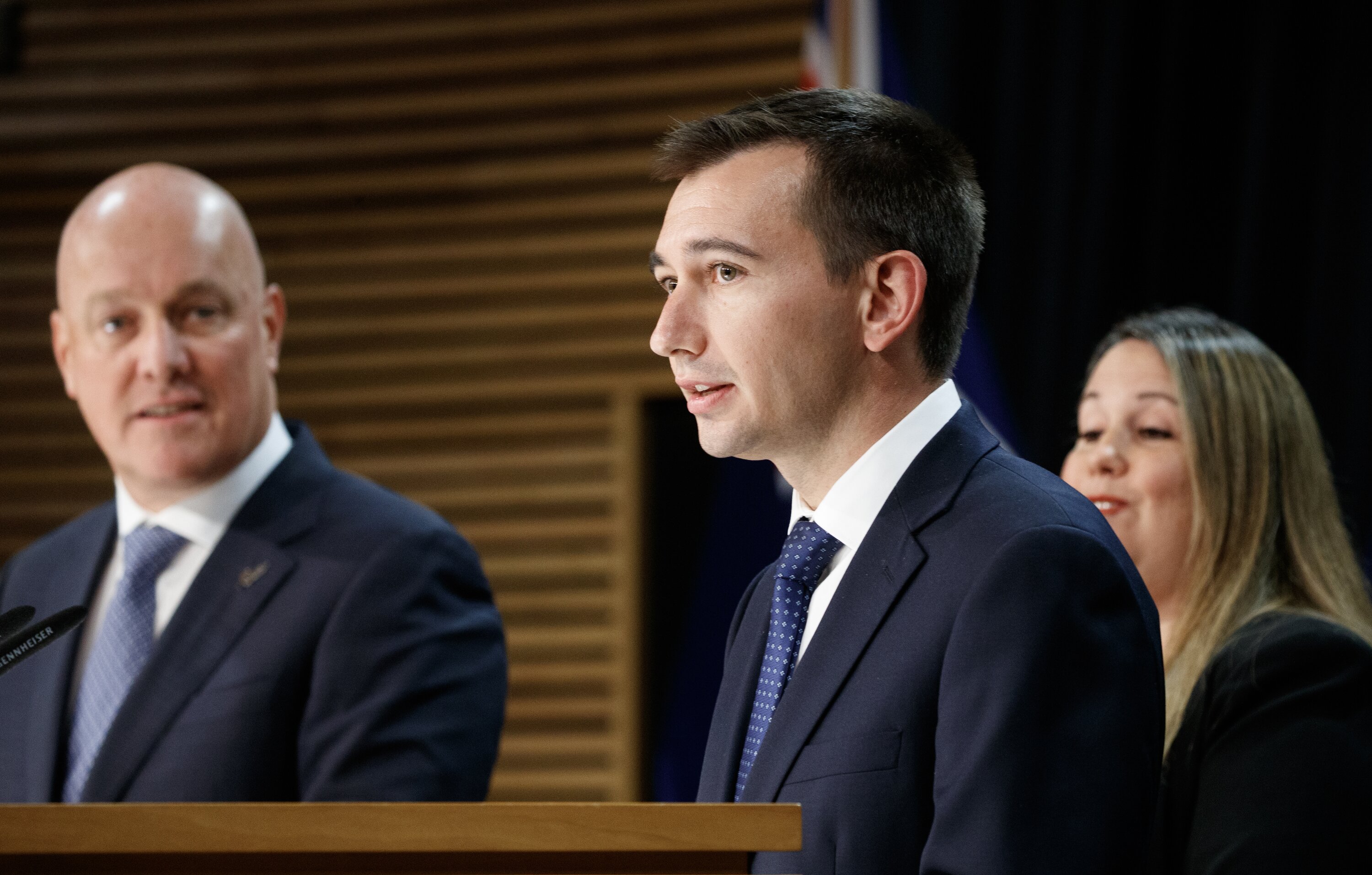 Local Government Minister Simeon Brown during the post-Cabinet press conference with Prime Minister Christopher Luxon announcing the repeal of Three Waters. Photo / Mark Mitchell