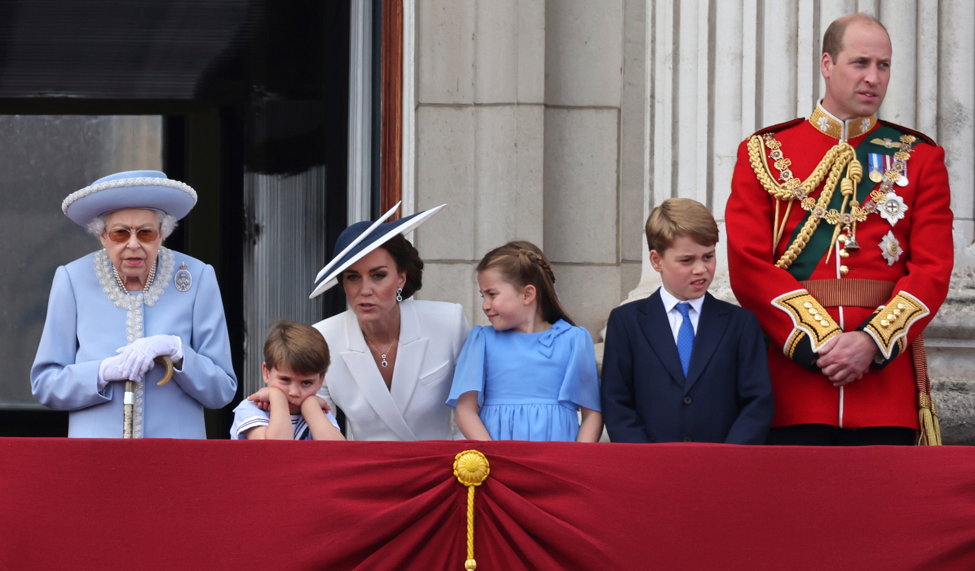 Queen Elizabeth II, Prince Louis, Kate, Duchess of Cambridge, Princess Charlotte, Prince George and Prince William watch the Trooping of the Colour in London. Photo / AP