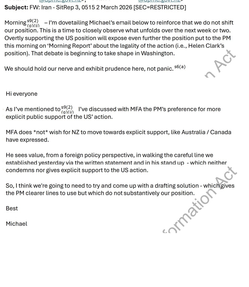 Excerpts from emails sent by staff in the office of Foreign Affairs Minister Winston Peters. Photo / OIA