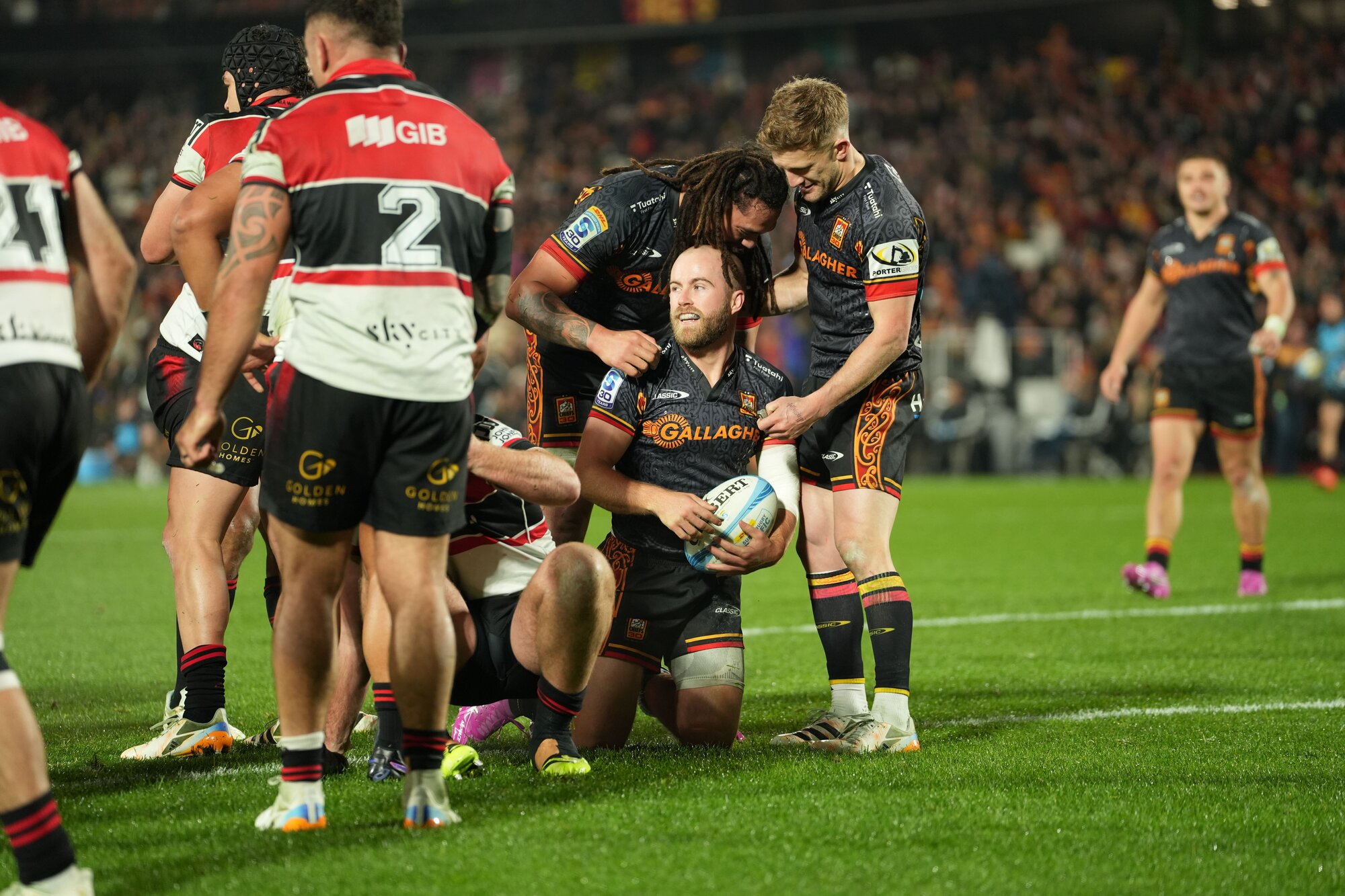 Xavier Roe celebrates a try in the Chiefs' win over the Crusaders. Photo / Alyse Wright