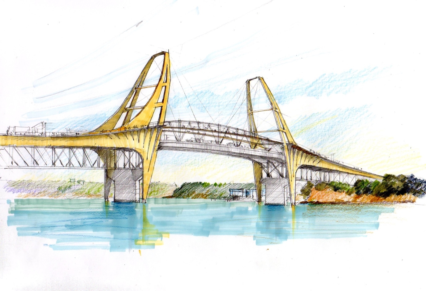 Dreamway: Neil Coleman's rethink of the existing harbour bridge, with walking and cycling on pathways raised above the roadway in the central arches. Image / Neil Coleman