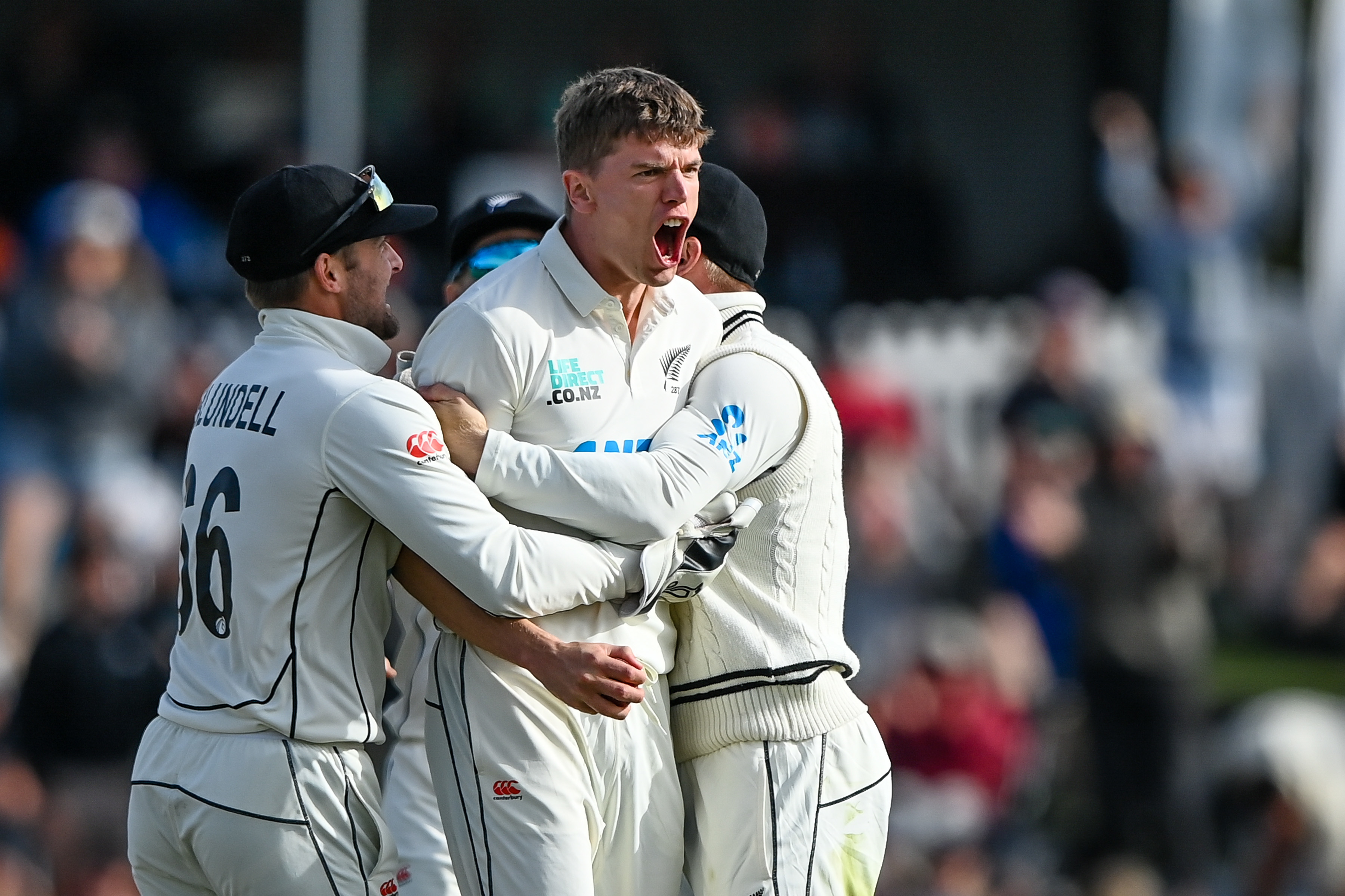 Ben Sears celebrates the wicket of Marnus Labuschagne. Photo / Photosport