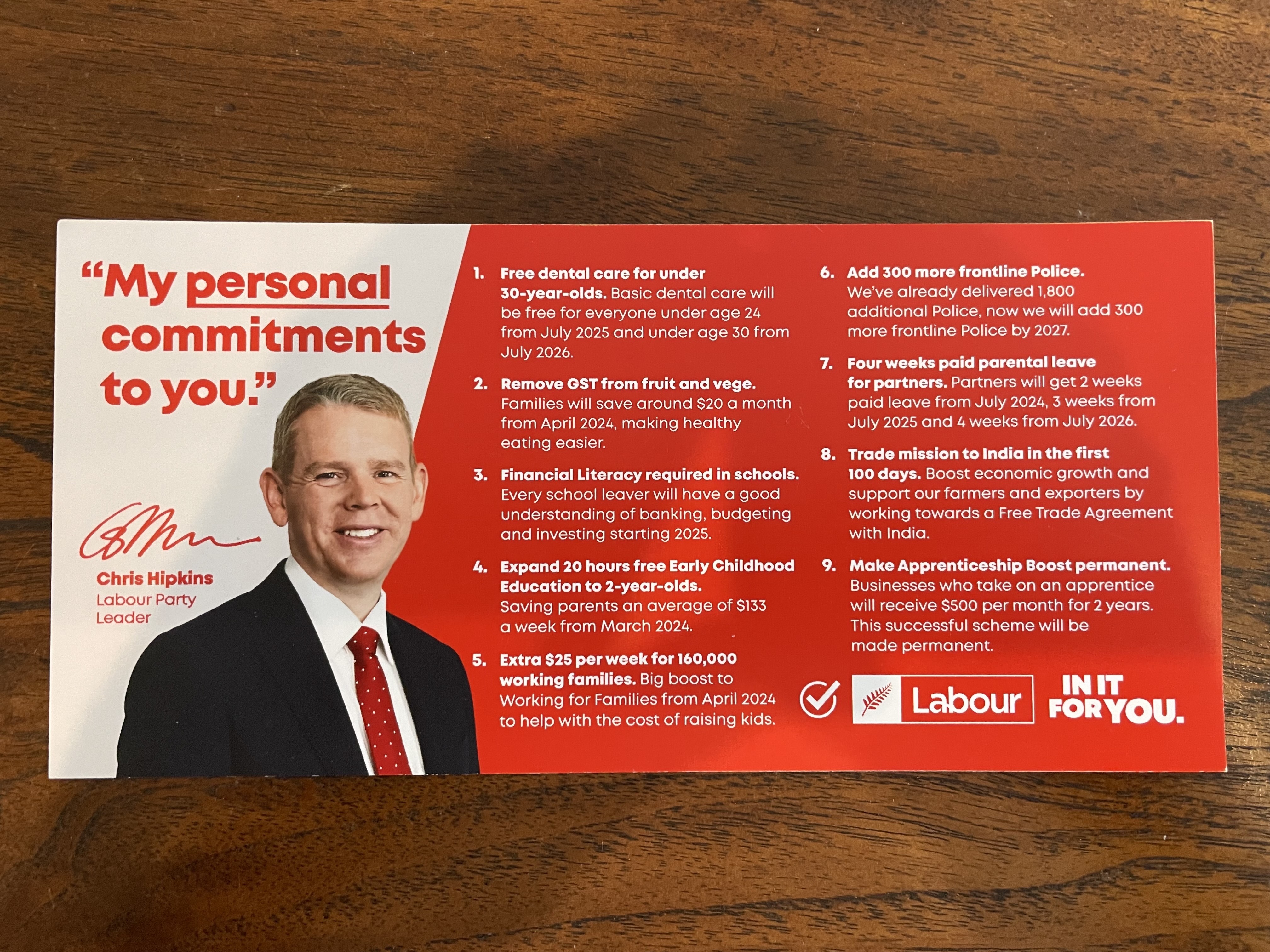 Labour's 2023 election pledge card. Photo / Michael Neilson
