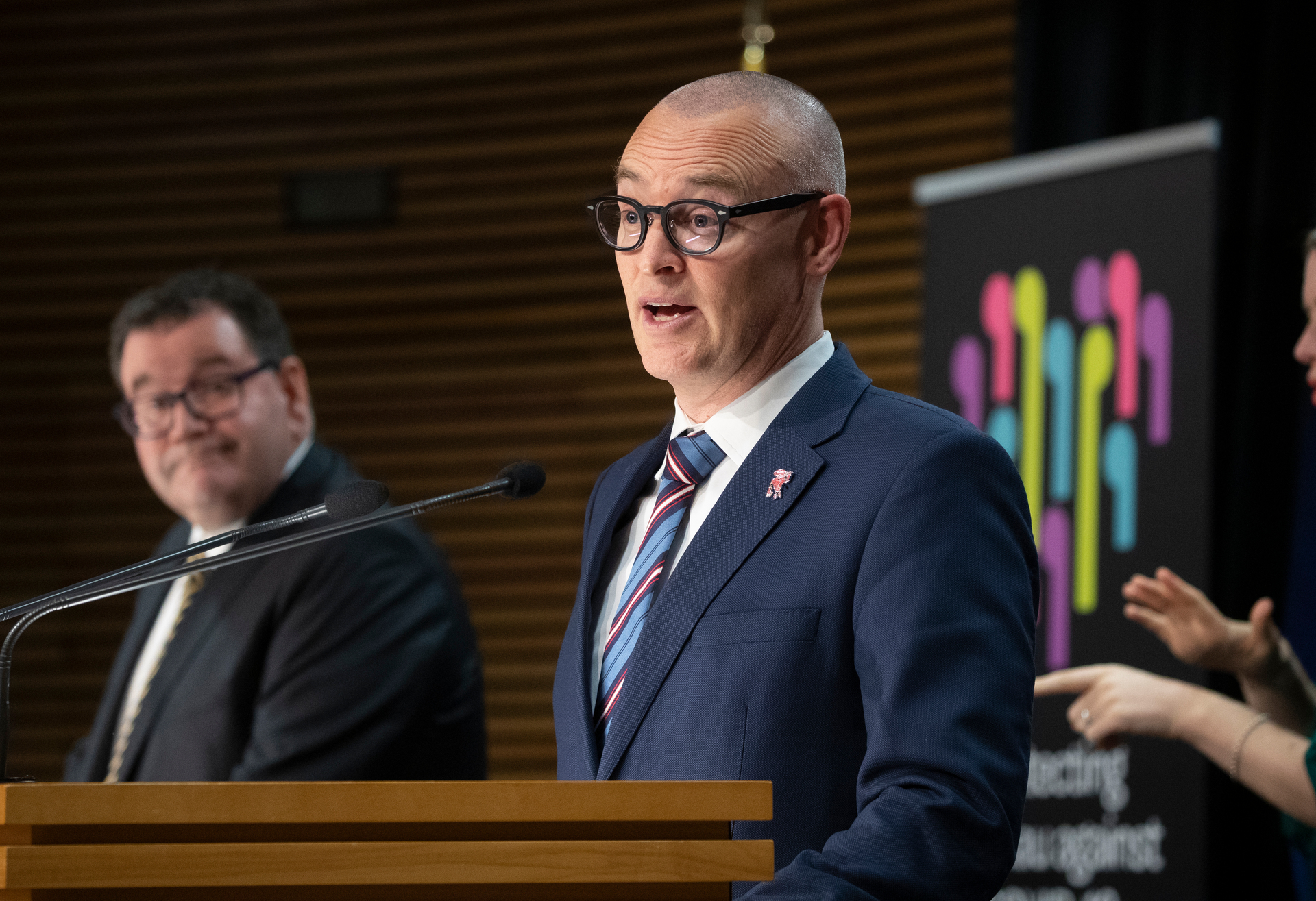 Commerce and Consumer Affairs Minister David Clark announcing the Government's response to the Commerce Commission's supermarkets report with Finance Minister Grant Robertson. Photo / Mark Mitchell