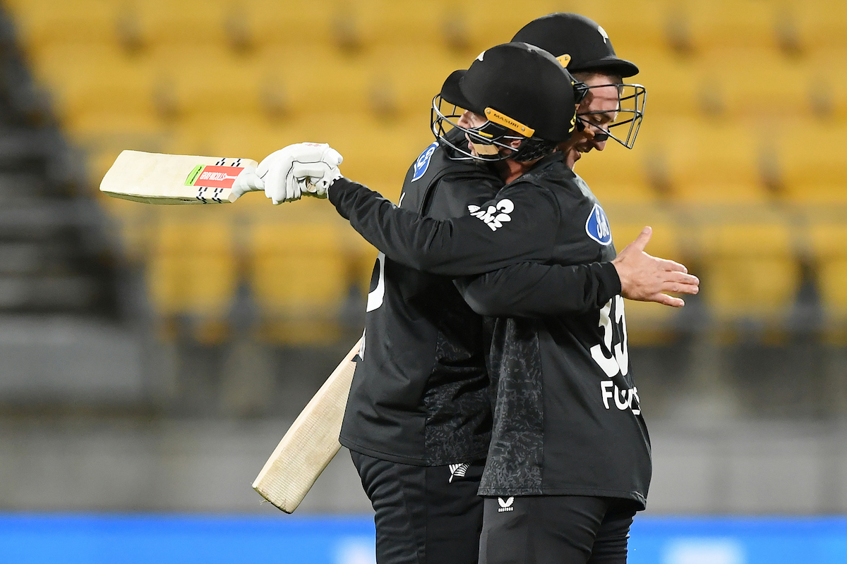 Blair Tickner and Zak Foulkes celebrate the Black Caps' victory over England at Sky Stadium. Photo / Photosport