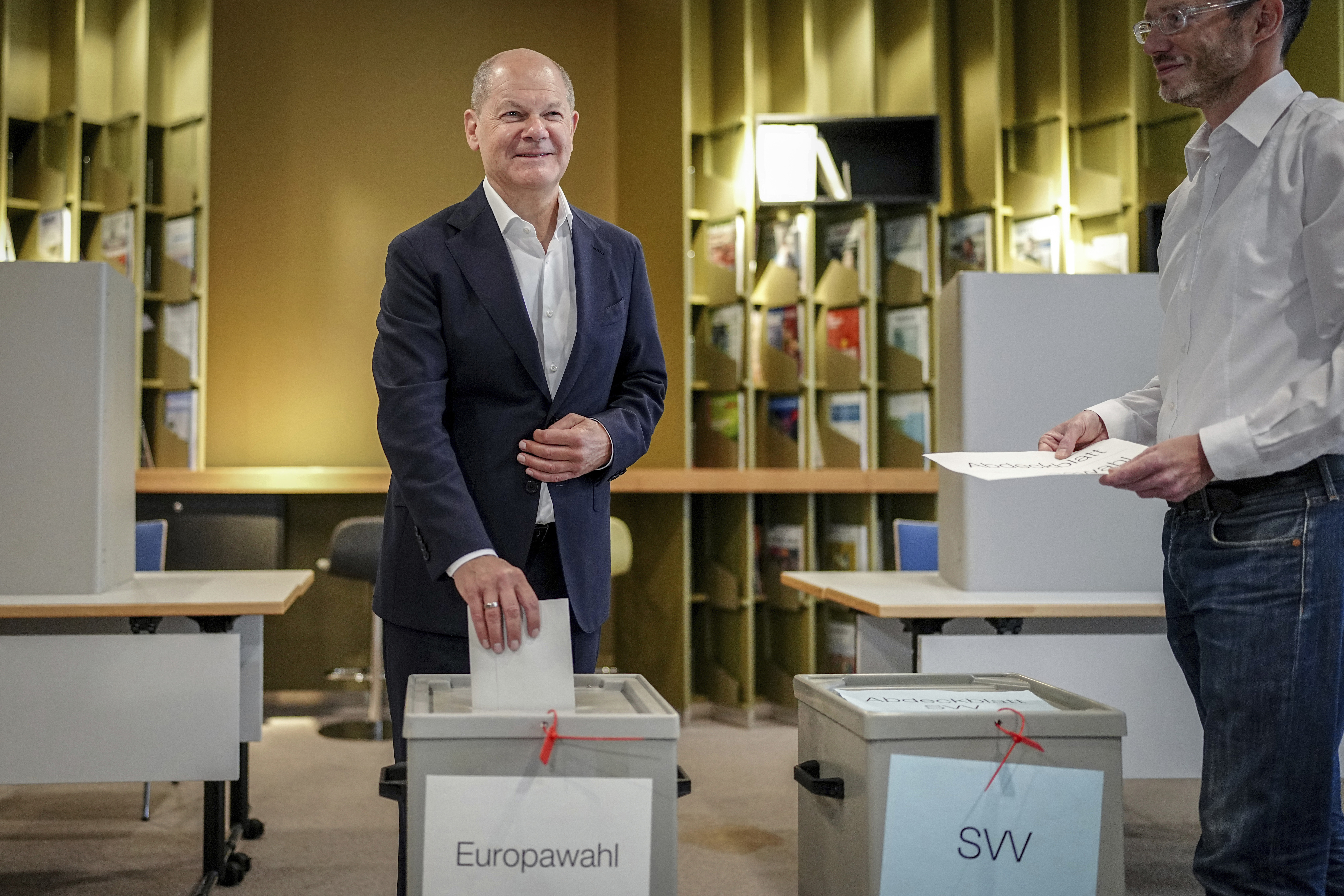 German Chancellor Olaf Scholz casts his ballot for the European Parliament elections, in Potsdam, Germany. Photo / AP