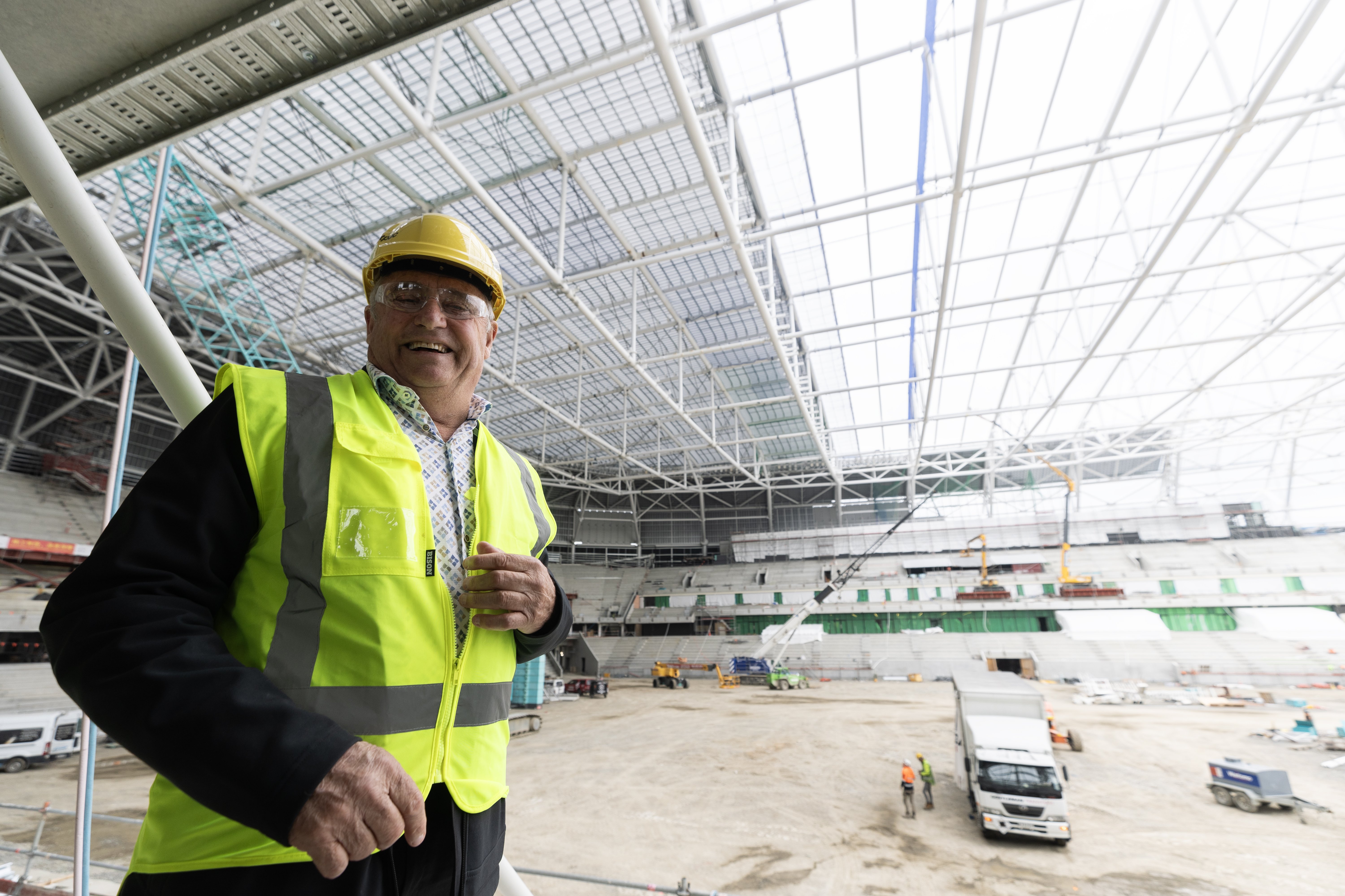 Christchurch Mayor Phil Mauger at the city's new $683 million stadium Te Kaha/One New Zealand stadium. Photo / George Heard