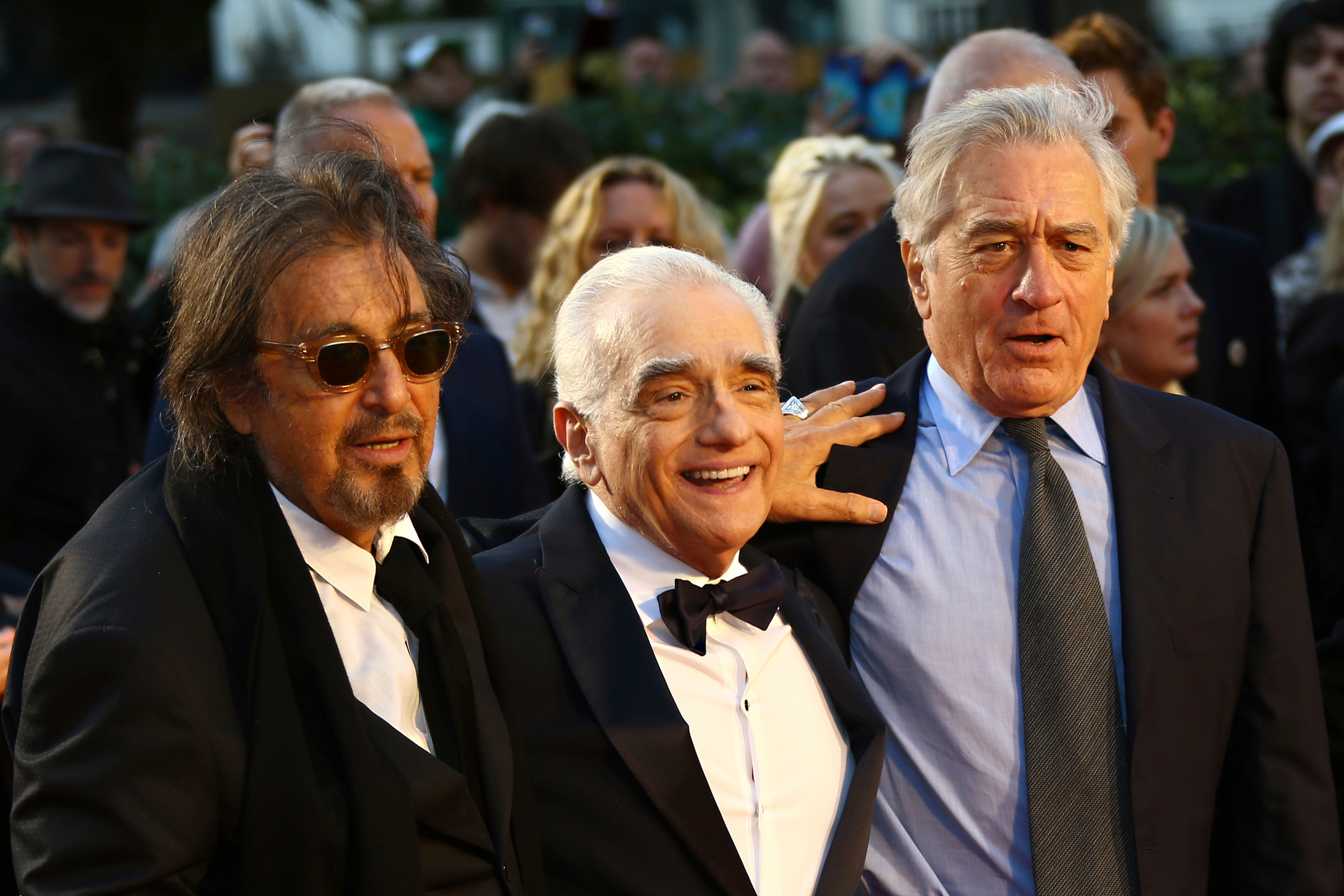 Actor Al Pacino, director Martin Scorsese and actor Robert De Niro pose for photographers upon arrival at the premiere of the film 'The Irishman' as part of the London Film Festival. Photo / AP