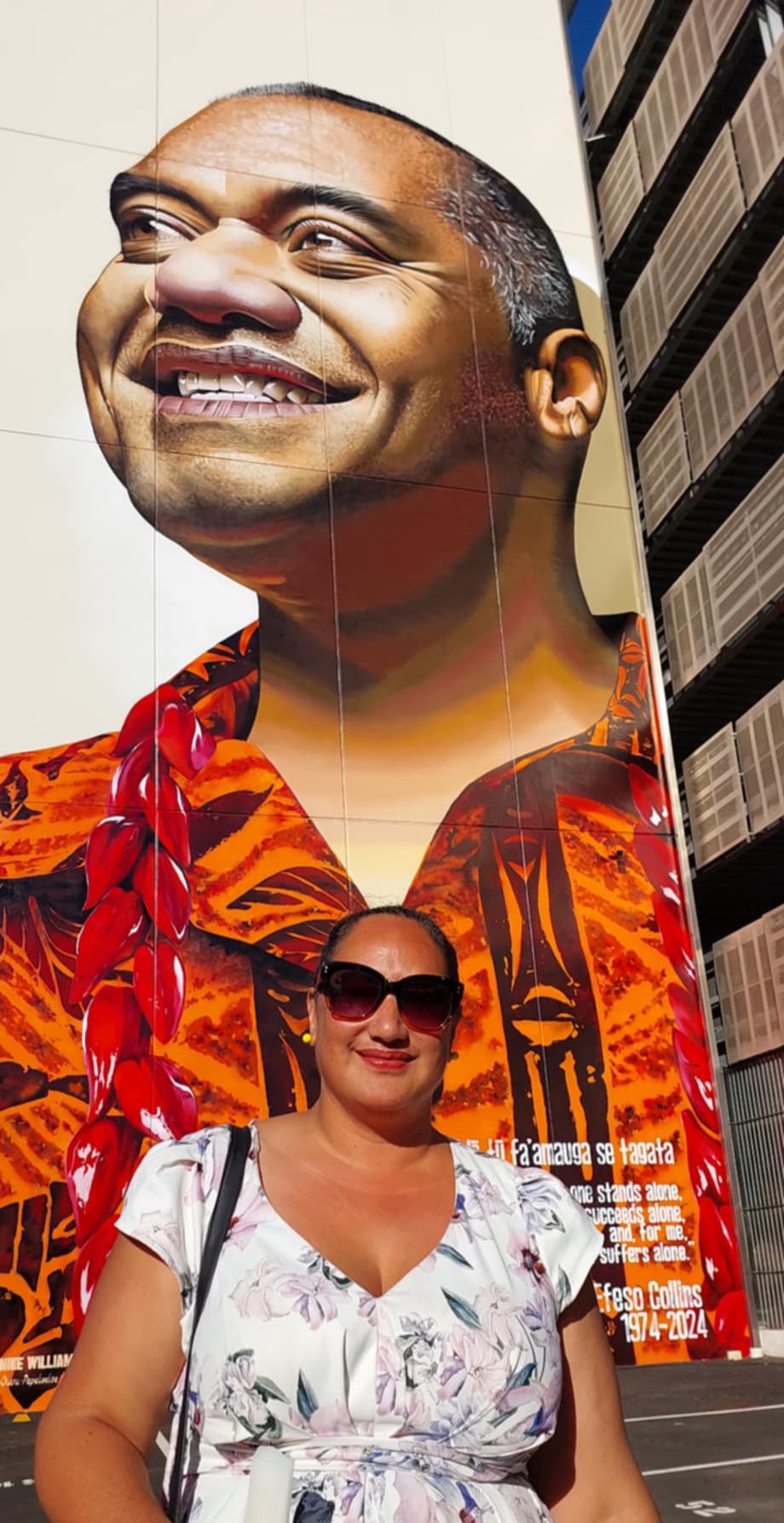 Auckland Mayoral candidate Kerrin Leoni in front of the Efeso Collins mural that was unveiled in Manukau yesterday.