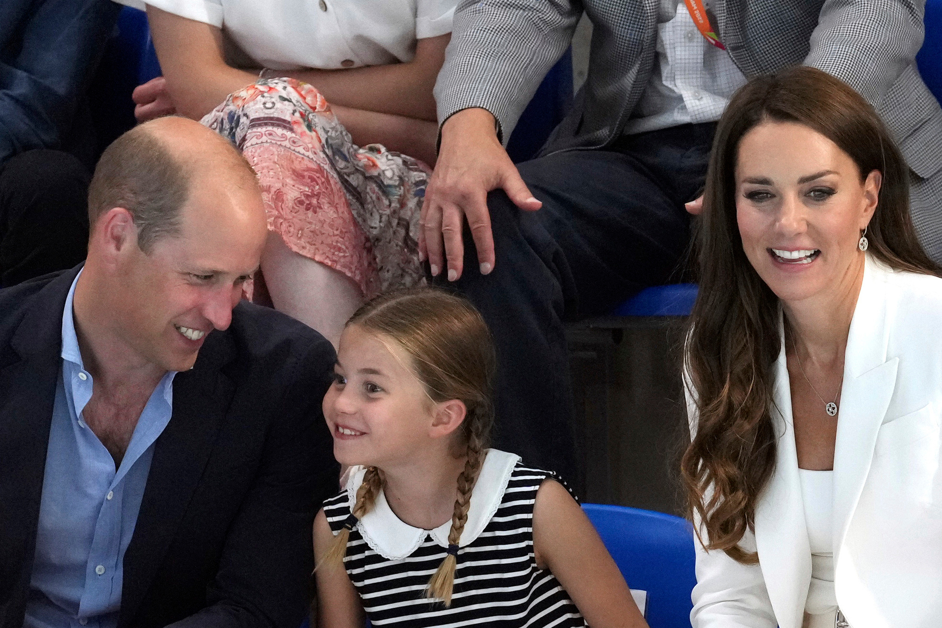 Prince William, Princess Charlotte and Kate, Duchess of Cambridge watch the swimming events on day five of the 2022 Commonwealth Games in Birmingham on August 2. Photo / AP
