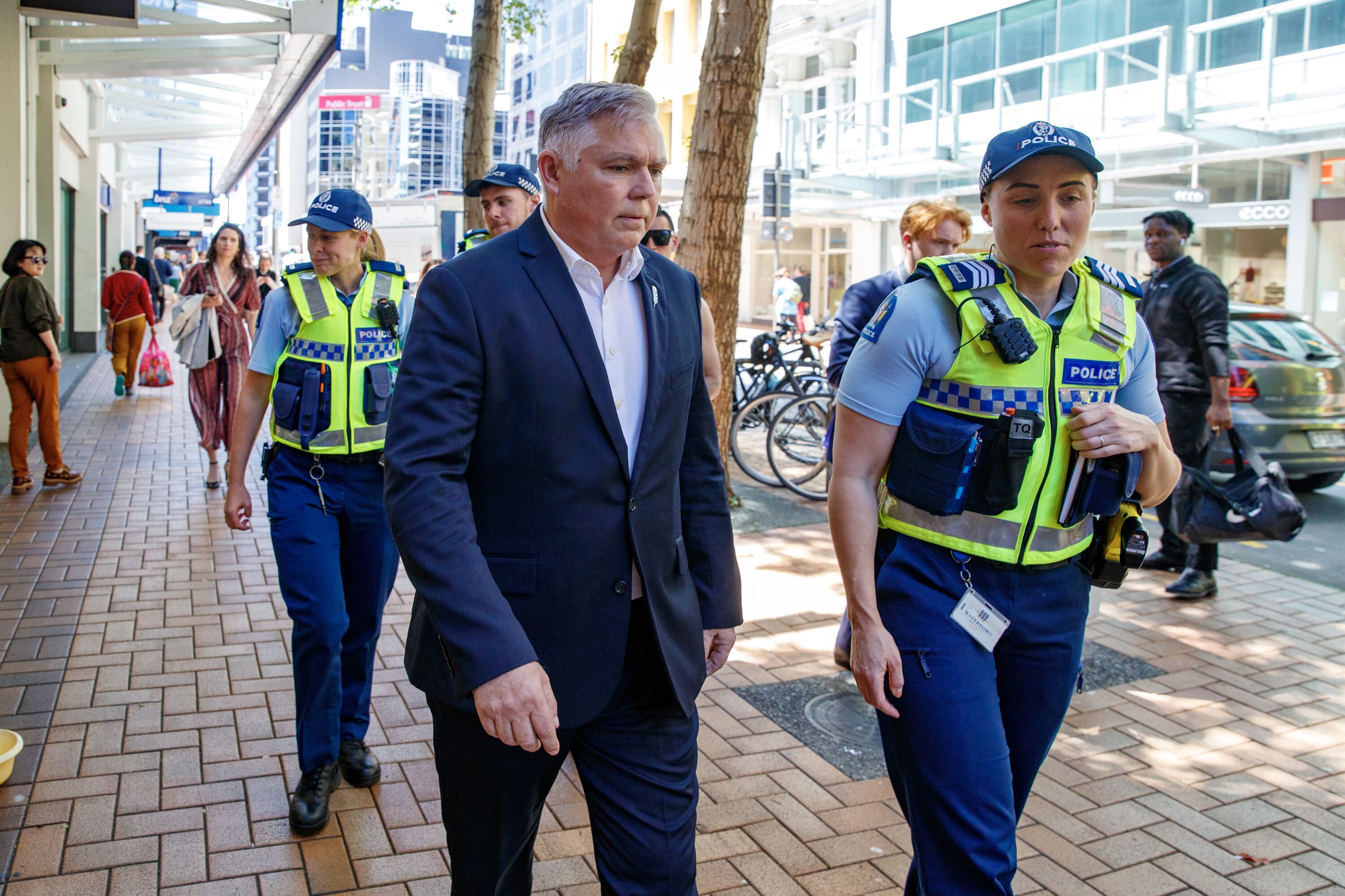 Police Minister Mark Mitchell during his walkabout with a police beat section in Wellington. Photo / Mark Mitchell