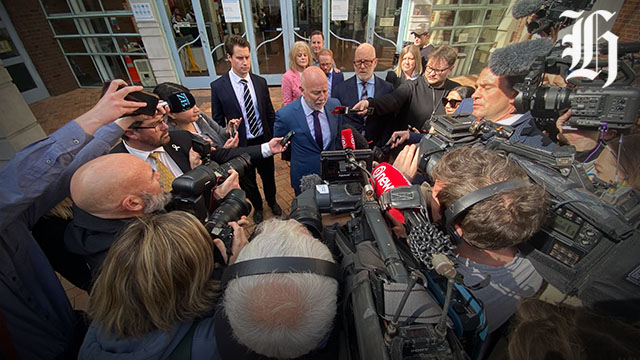 Philip Polkinghorne talking to media outside court after the jury found him not guilty. Photo / Craig Kapitan