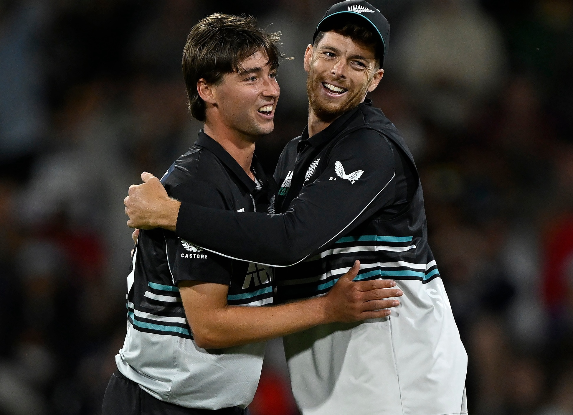 Zak Foulkes and Mitchell Santner celebrate a wicket in the final over against Sri Lanka. Photo / Photosport