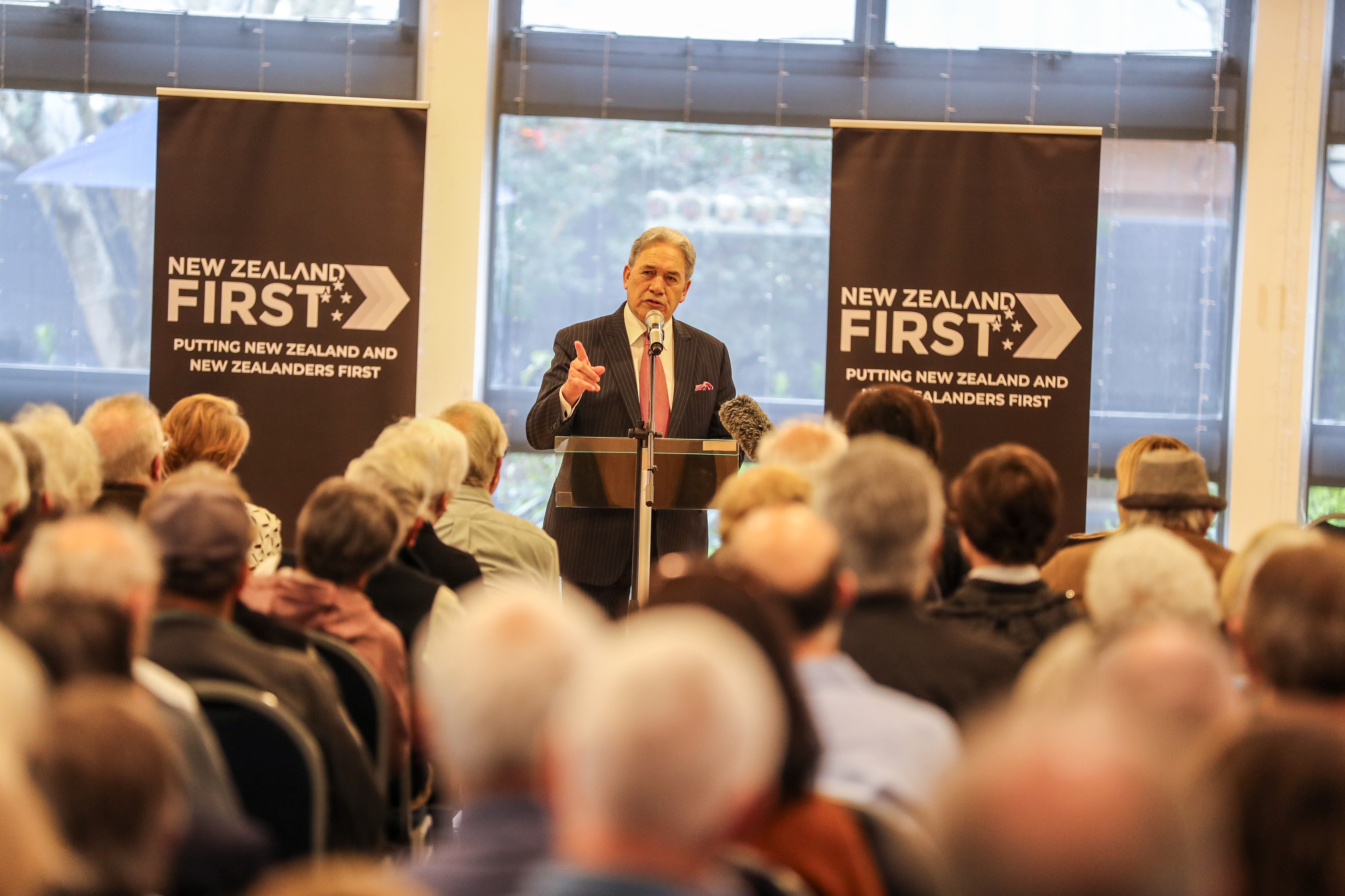 NZ First leader Winston Peters speaks at a public meeting at the Remuera Club in Auckland. Photo / Michael Craig