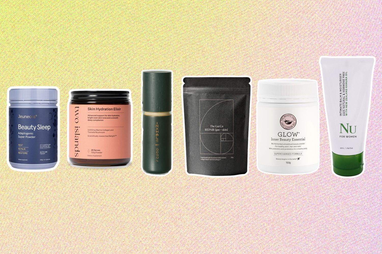 From left: Jeuneora Beauty Sleep Adaptogenic Super Powder; Two Islands Hydration Elixir; Inxhale Alert & Calm Inhalers; The Gut Co. Repair {Gut + Skin}; The Beauty Chef Glow Inner Beauty Essential; Nu Balm Intimate Balm & Moisturiser.