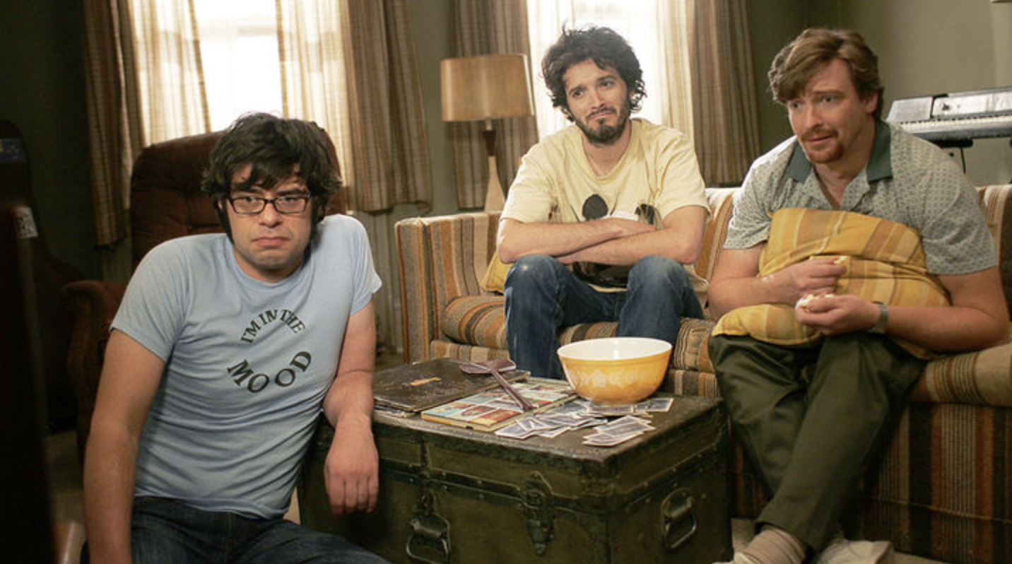 Jemaine Clement, Bret McKenzie and Rhys Darby in Flight of The Conchords.