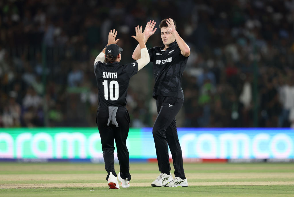 Will O’Rourke of New Zealand celebrates the wicket of Saud Shakeel of Pakistan during the ICC Champions Trophy 2025 opener. Photo / Getty Images
