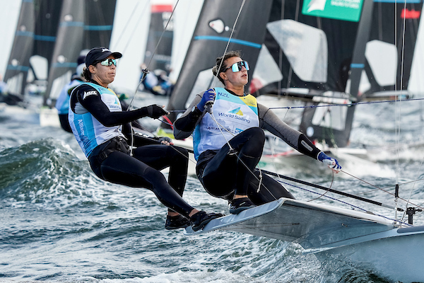 Jo Aleh and Molly Meech racing in the 49er class at the 2023 Allianz Sailing World Championships in the Netherlands. Photo / Photosport