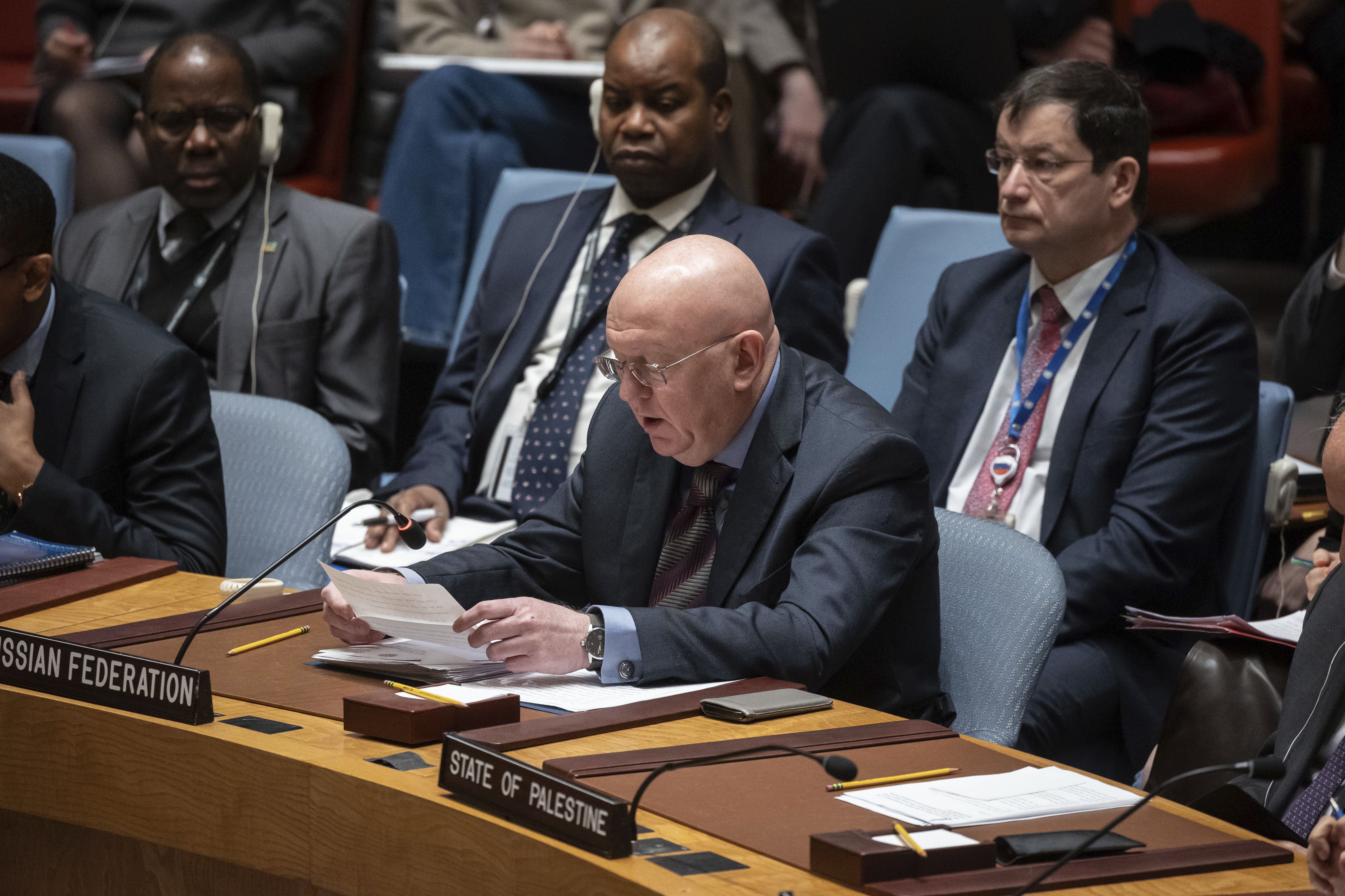 Russian Permanent Representative to the UN Vassily Nebenzia speaks during the Security Council meeting at United Nations headquarters. Photo / Yuki Iwamura