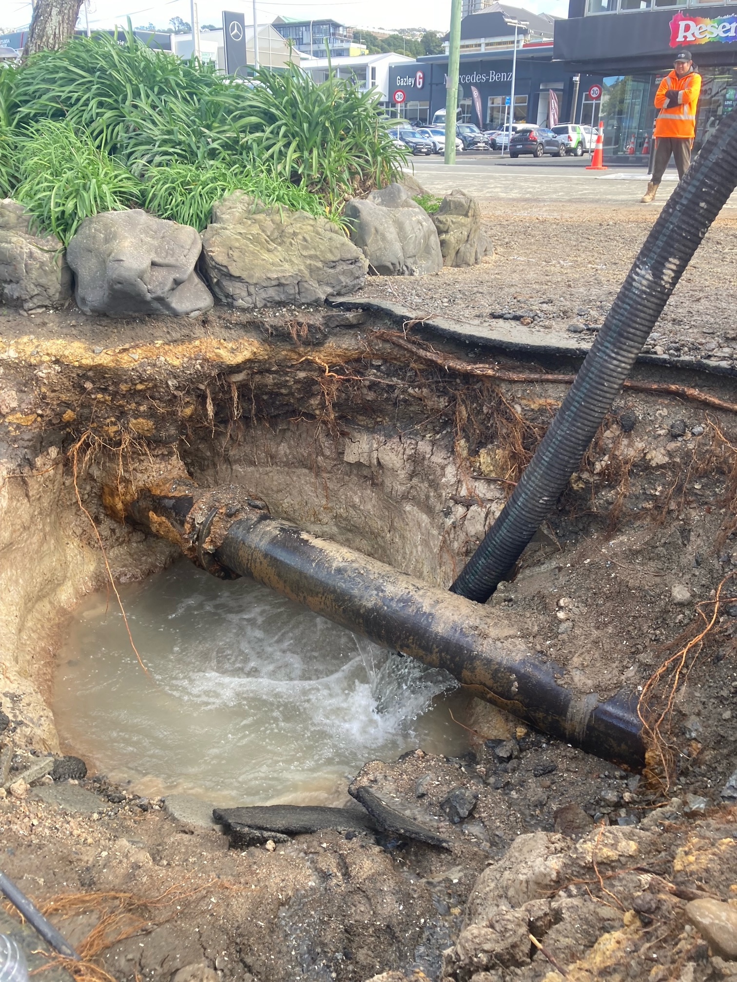 Wellington Water crews have excavated around the burst pipe revealing the repairs required. Photo / Wellington Water