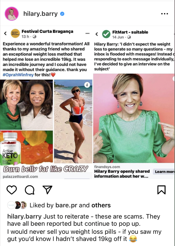 This is one of many online weight loss scams using Hilary Barry's face. Photo / Instagram