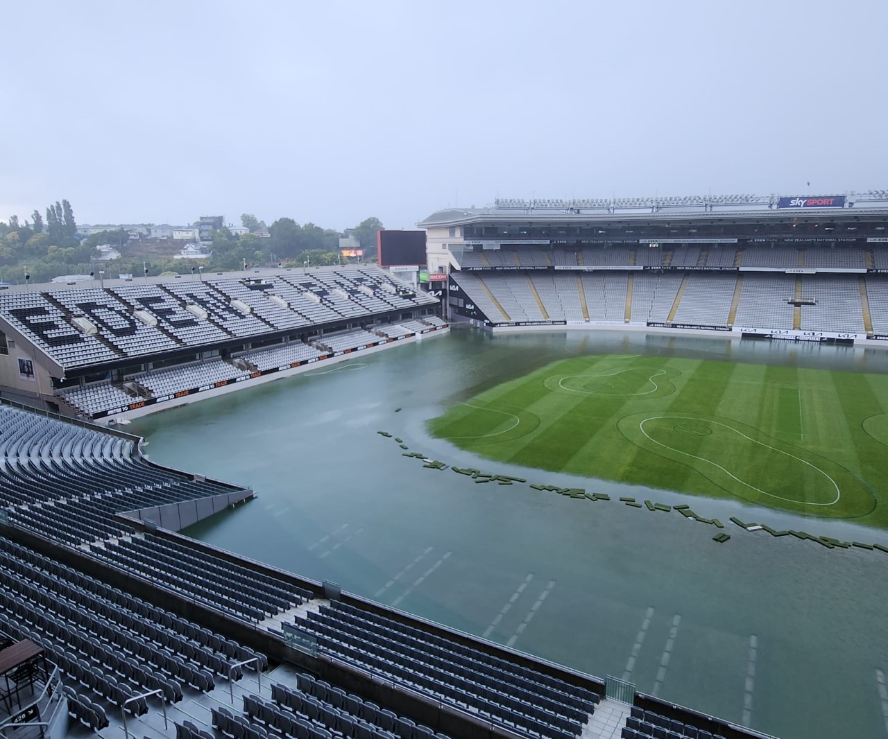 Eden Park resembles a lake following the heavy rainfall in Auckland. Photo / Eden Park