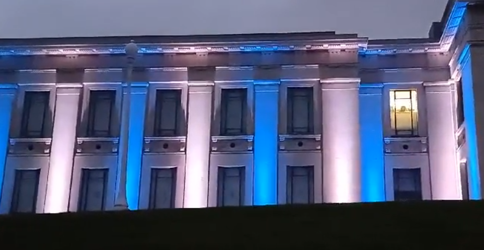 Auckland War Memorial Museum was lit up with the colours of Israel's flag on Sunday evening. 
