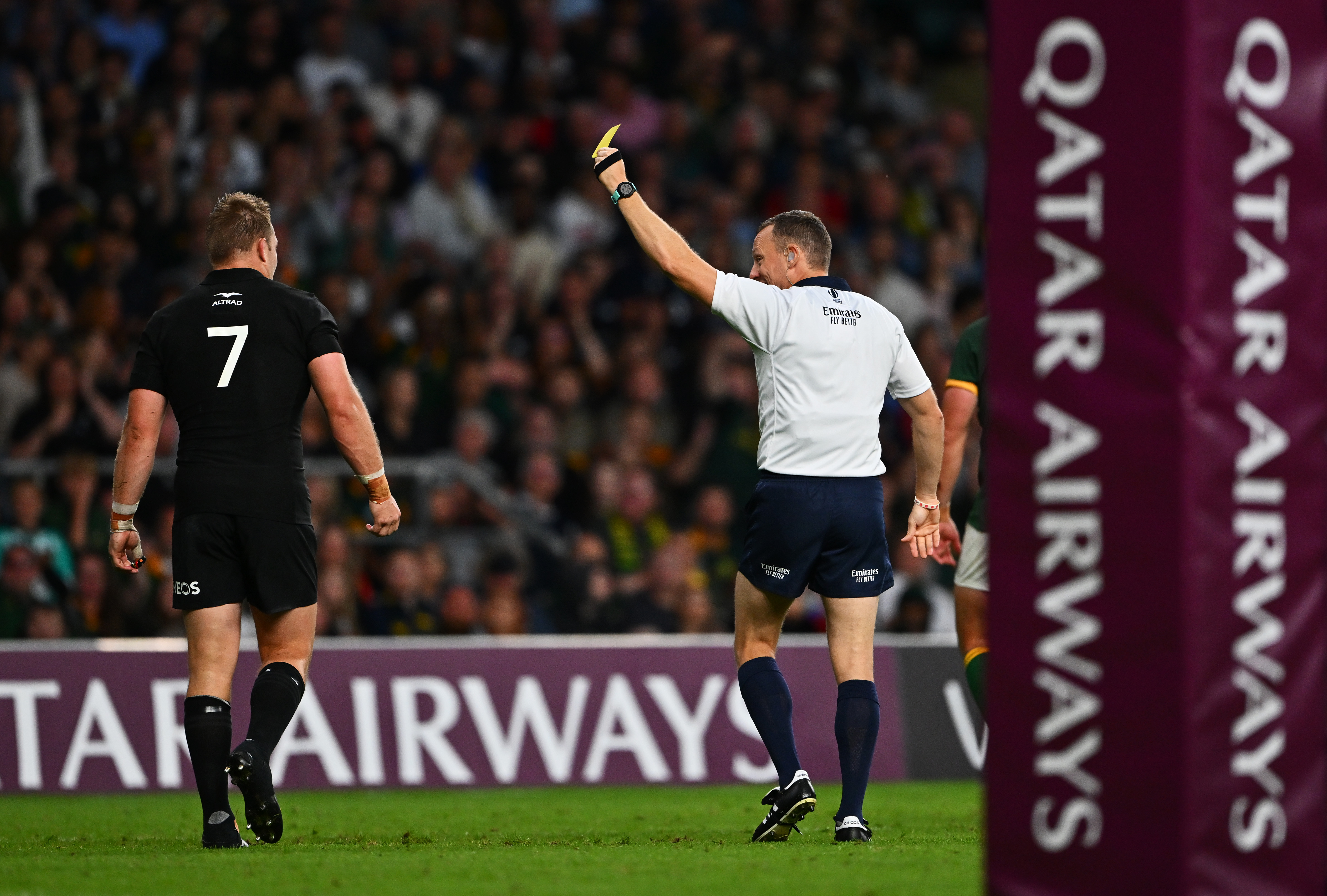 Sam Cane is shown a yellow card by Referee Matthew Carley. Photo / Dan Mullan / Getty Images)