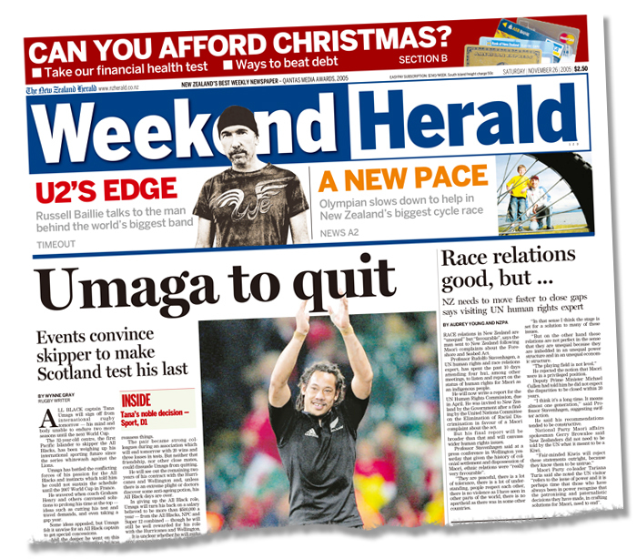 The copy of the Weekend Herald with the exclusive story of Tana Umaga's retirement.