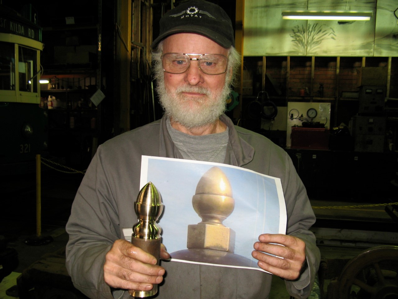 Dave Lennard with part of a dome he made for the Wanganui tram trailer No 21. He was one of the Western Springs Tramway volunteers at Motat.
