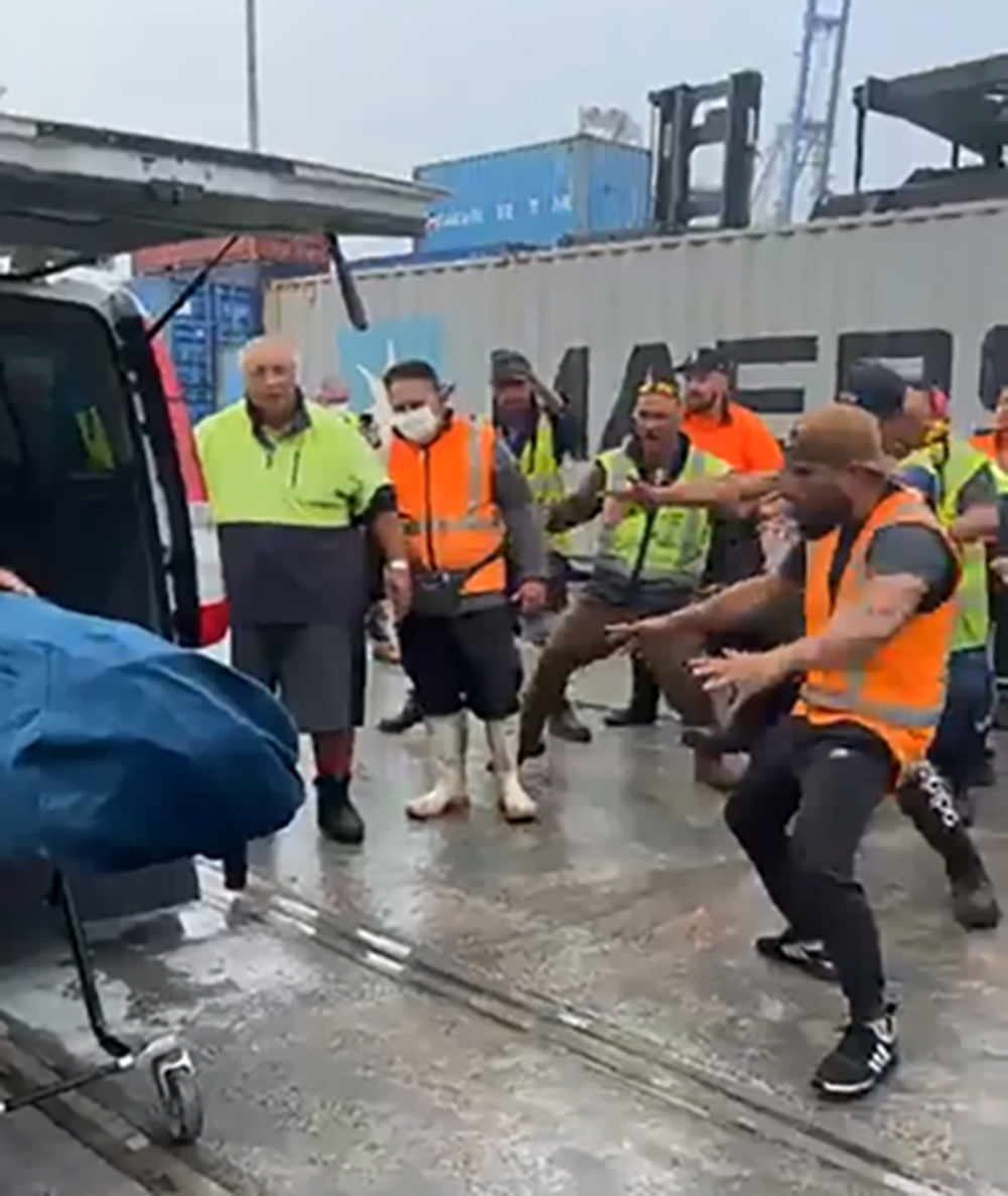 Ports of Auckland workers perform a haka in honor of their fallen colleague Atiroa Tuaiti who died in an accident. Photo / Supplied