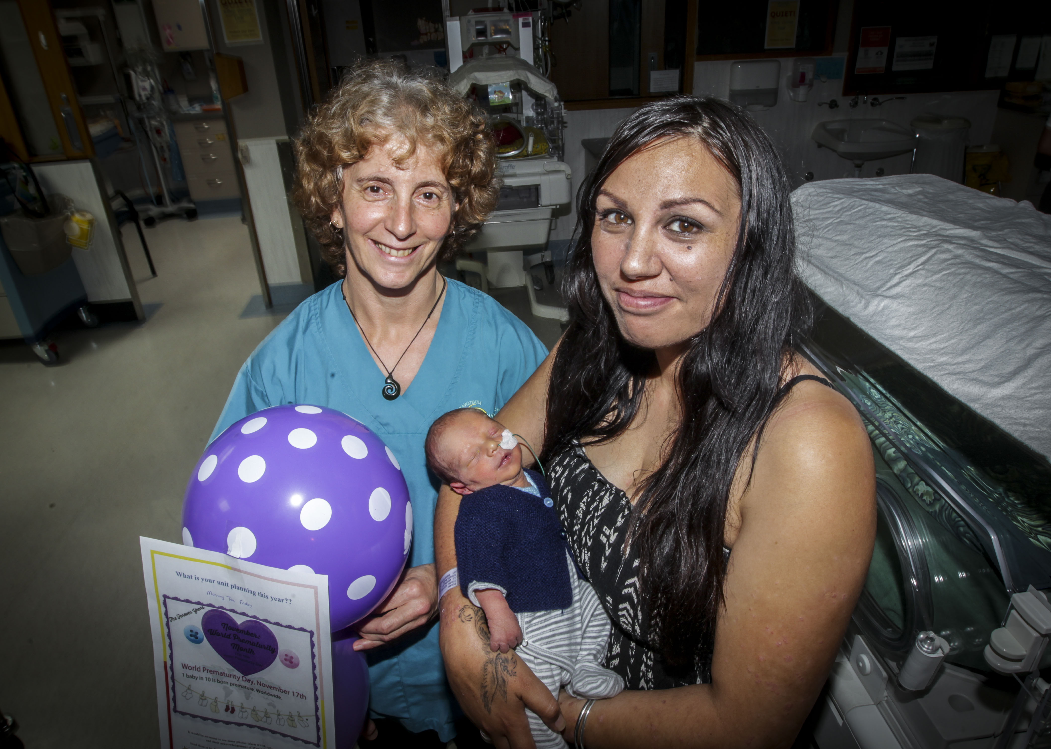 SCBU registered nurse Sandra Winton and new mum Tania, of Napier, and her son Matthew (now one week old) who was born at 37 weeks weighting 4lb 2oz, were among others who celebrated World Prematurity Day. Photo / Paul Taylor