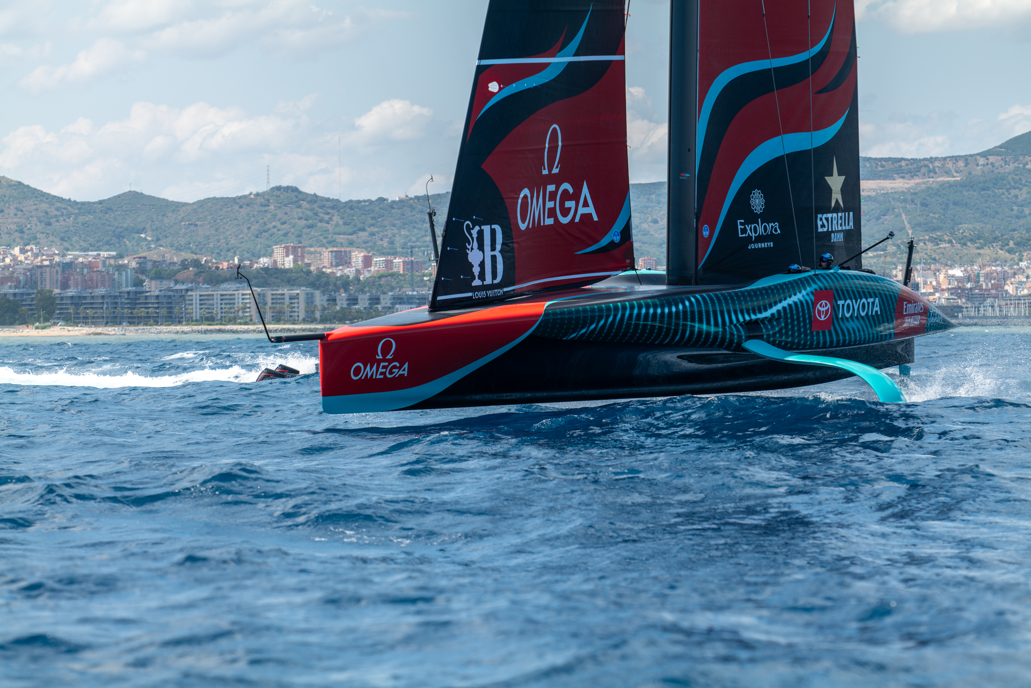 Team New Zealand during their first sail aboard AC75 Taihoro in Barcelona. Photo / Team New Zealand