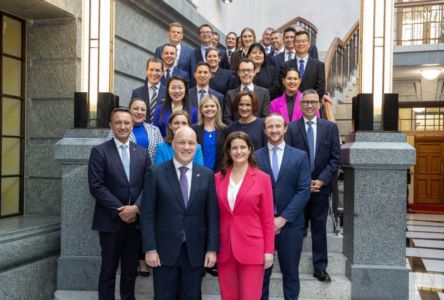 National leader Christopher Luxon and deputy leader Nicola Willis during a photo opportunity with their 23 new MPs at Parliament, Wellington, 16 October, 2023. NZ Herald photo by Mark Mitchell
