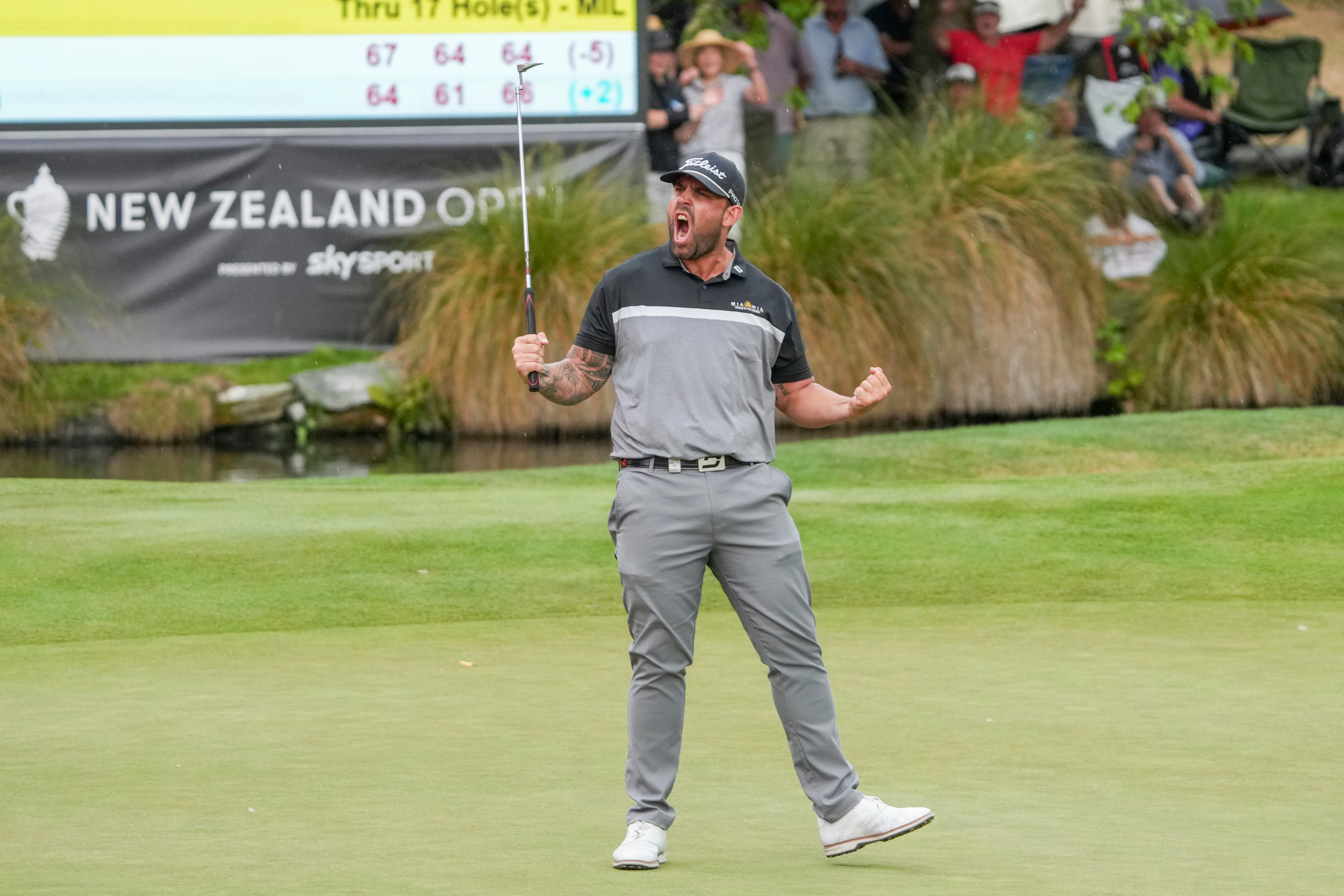 Australia’s Ryan Peake celebrates his NZ Open triumph. Photo / Photosport