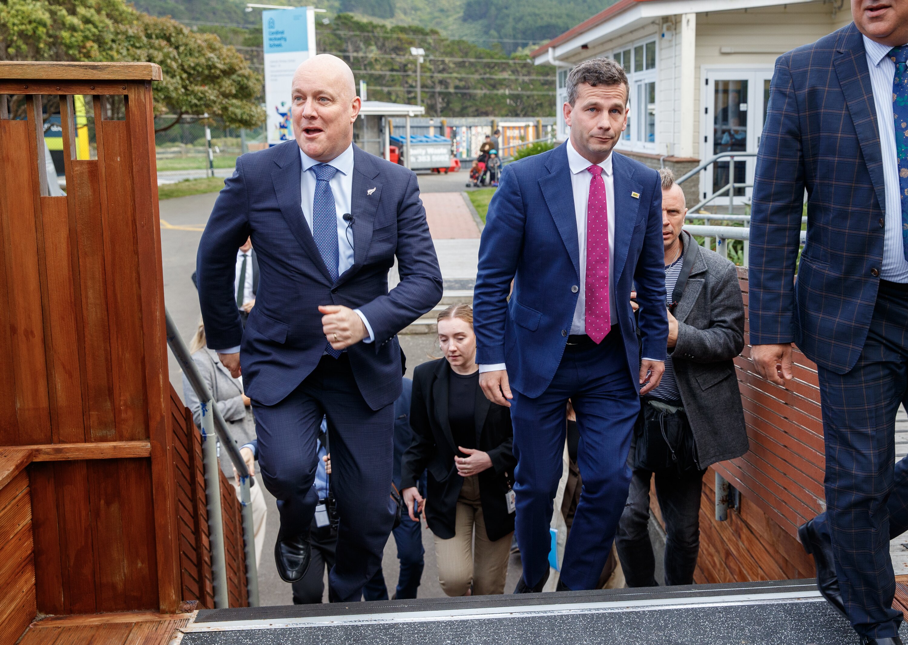 Prime Minister Christopher Luxon and Associate Education Minister David Seymour arrive for a visit to Cardinal McKeefry School in Wellington. Photo / Mark Mitchell  