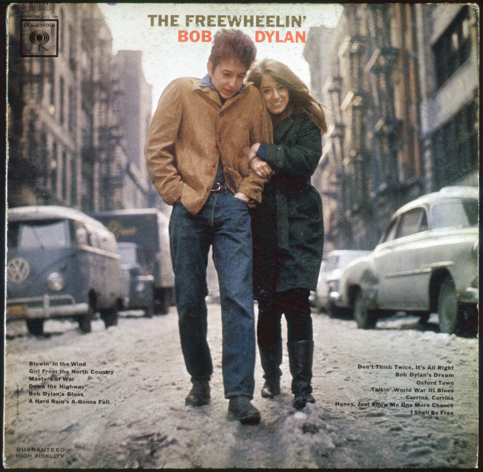 The cover for the Bob Dylan album 'The Freewheelin' Bob Dylan', released by Columbia Records in 1963. The cover features Dylan and his girlfriend Suze Rotolo walking near their apartment in Greenwich 