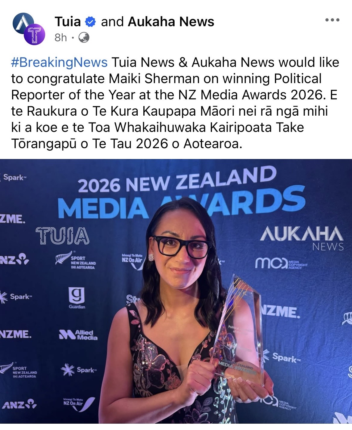 Former TVNZ political editor Maiki Sherman won best political journalist at the NZ Media Awards.