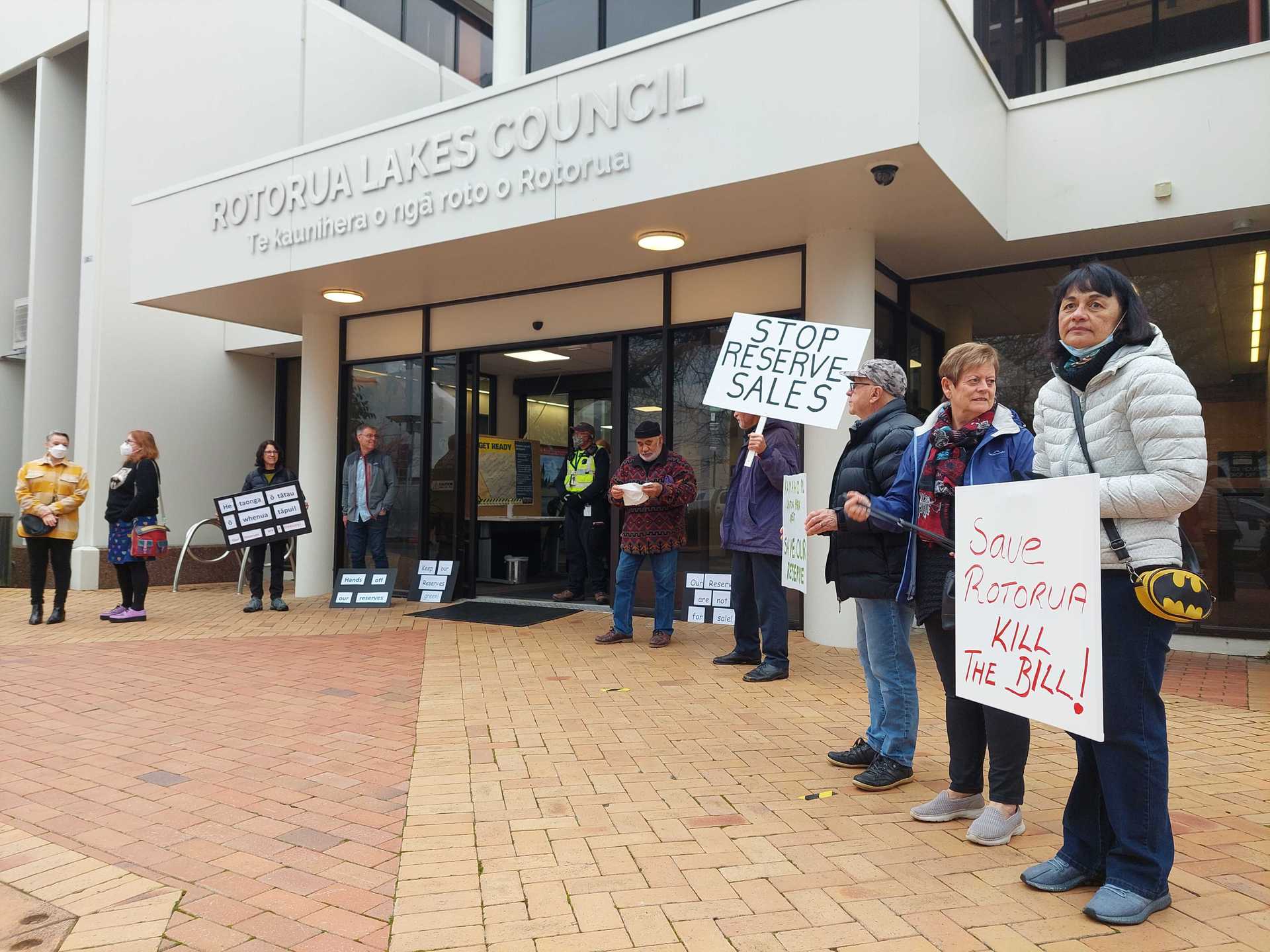 A group of protesters outside the Rotorua Lakes Council building. Photo / Ben Fraser