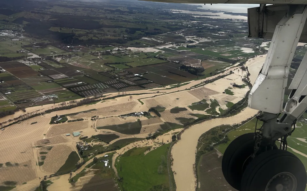Flooded communities like this could face a future without buy-outs or national aid. Photo / RNZ