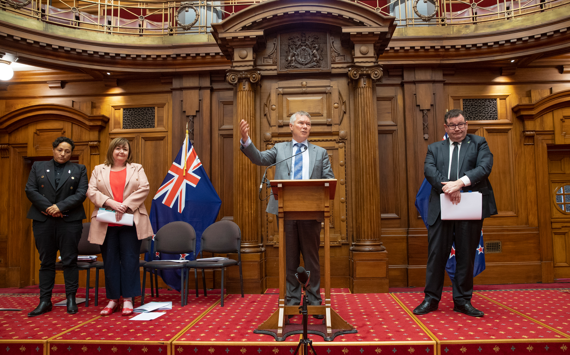 Environment Minister David Parker, pictured flanked by fellow cabinet ministers today, says new reforms should make resource management rules more effective and workable. Photo / Mark Mitchell