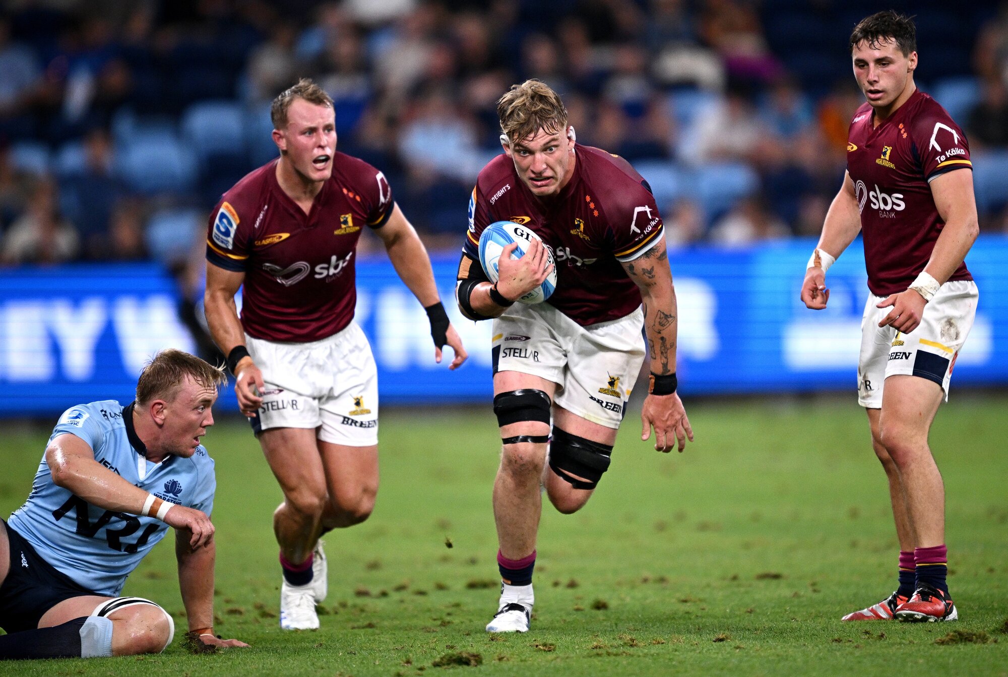 Fabian Holland on the charge for the Highlanders against the Waratahs. Photo / Photosport