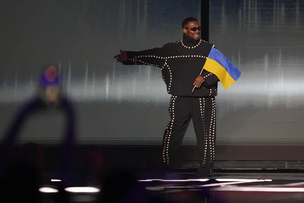 Tvorchi, of Ukraine, is introduced during dress rehearsals for the Grand final at the Eurovision Song Contest in Liverpool, England. Photo / AP