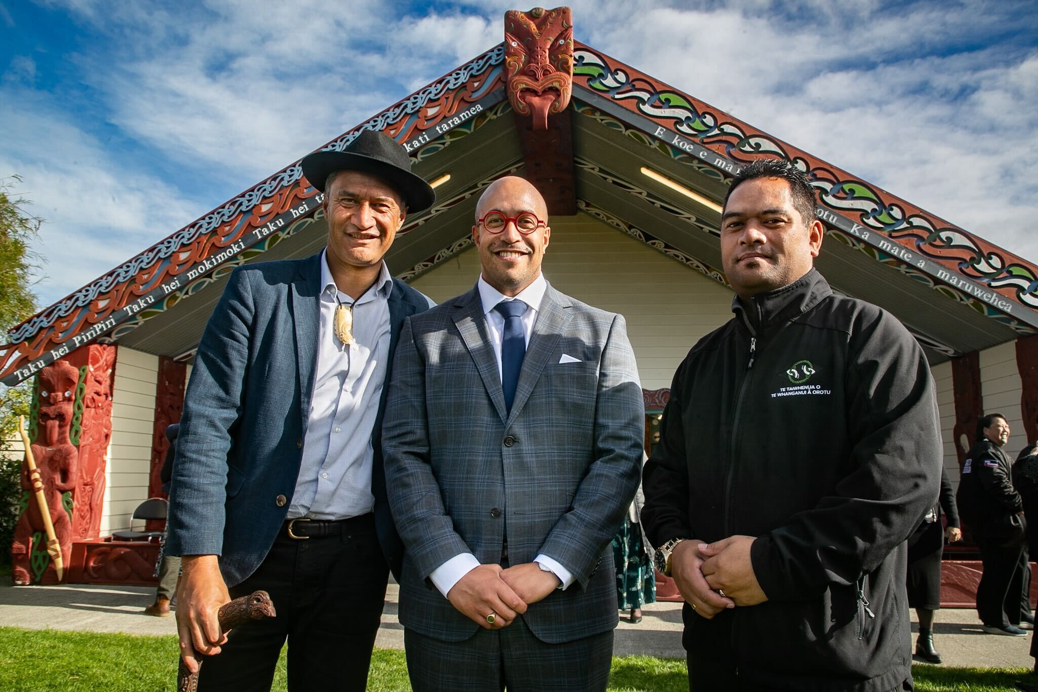 Three leaders, from left, Ngati Kahungunu Iwi chairman Bayden Barber, new Taiwhenua or Te Whanganui a Orotū chief executive officer Mat Mullany, and taiwhenua chairman Hori Reti after Monday’s Pukemokimoki Marae pōwhiri welcoming Mullany to the new job. Photo / Warren Buckland.