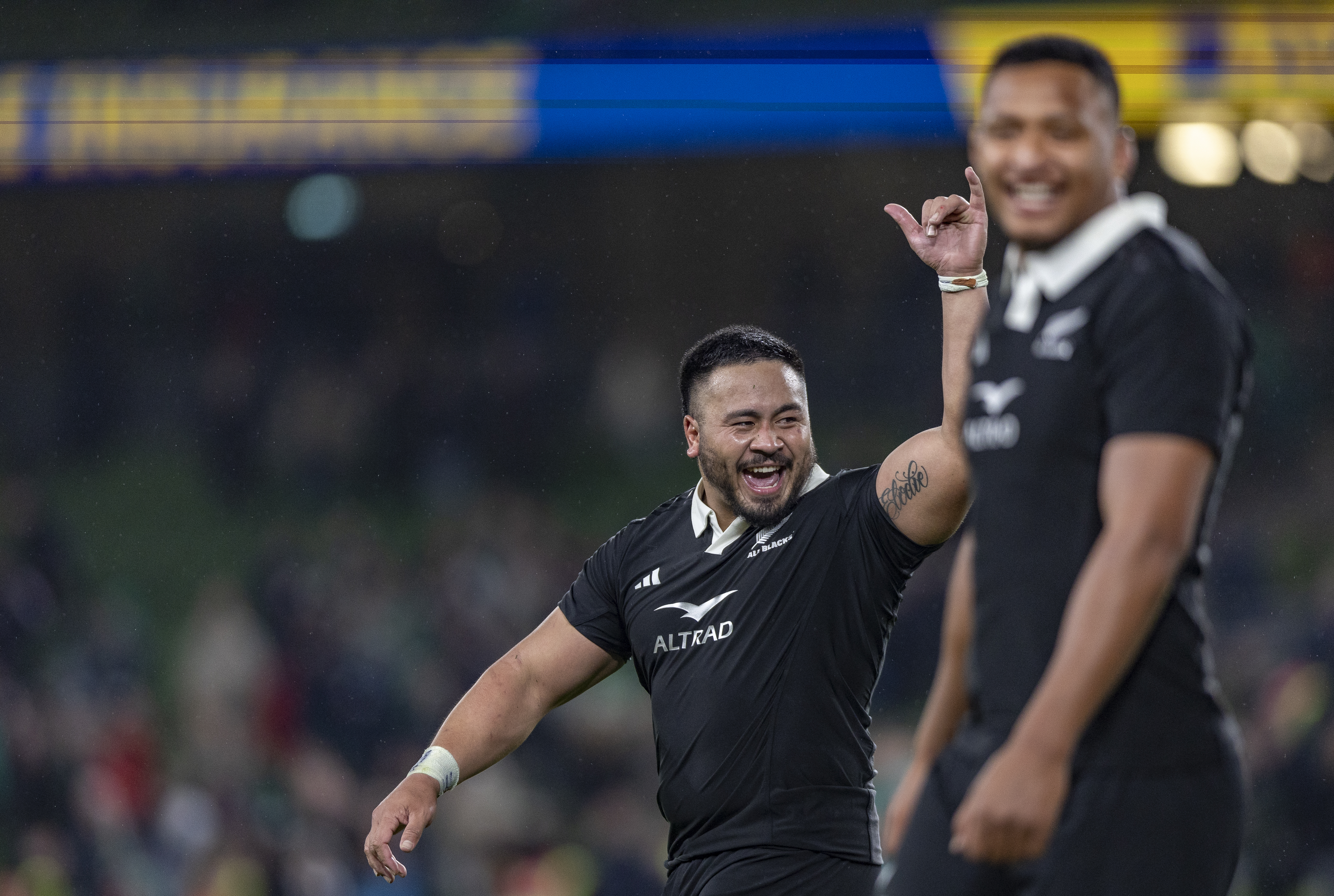 Asafo Aumua celebrates at fulltime following the All Blacks' victory over Ireland. Photo / SmartFrame