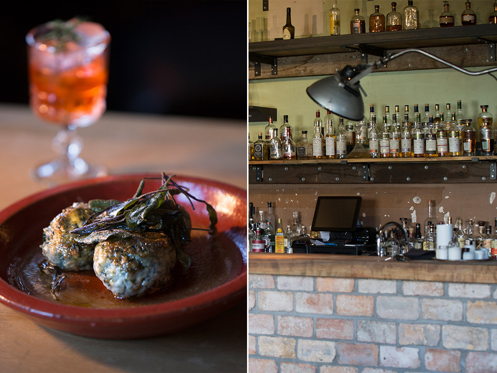 The ricotta and spinach balls served with crispy sage butter; sidle up to Cotto bar for a fine selection of gin, vodka and negroni cocktails. Picture / Nick Reed 