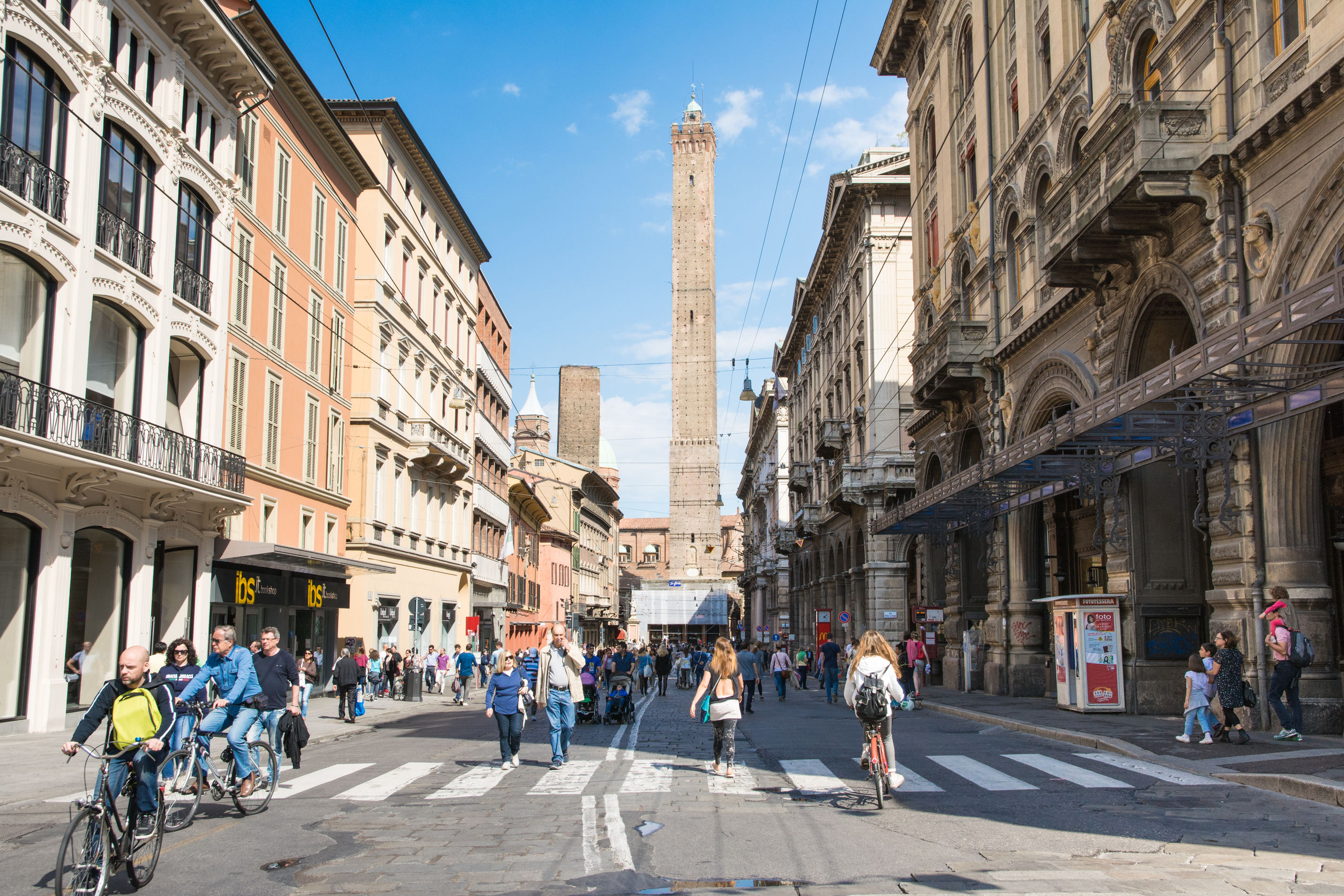 The famous twin towers in the centre of Bologna from the piazza Maggiore.