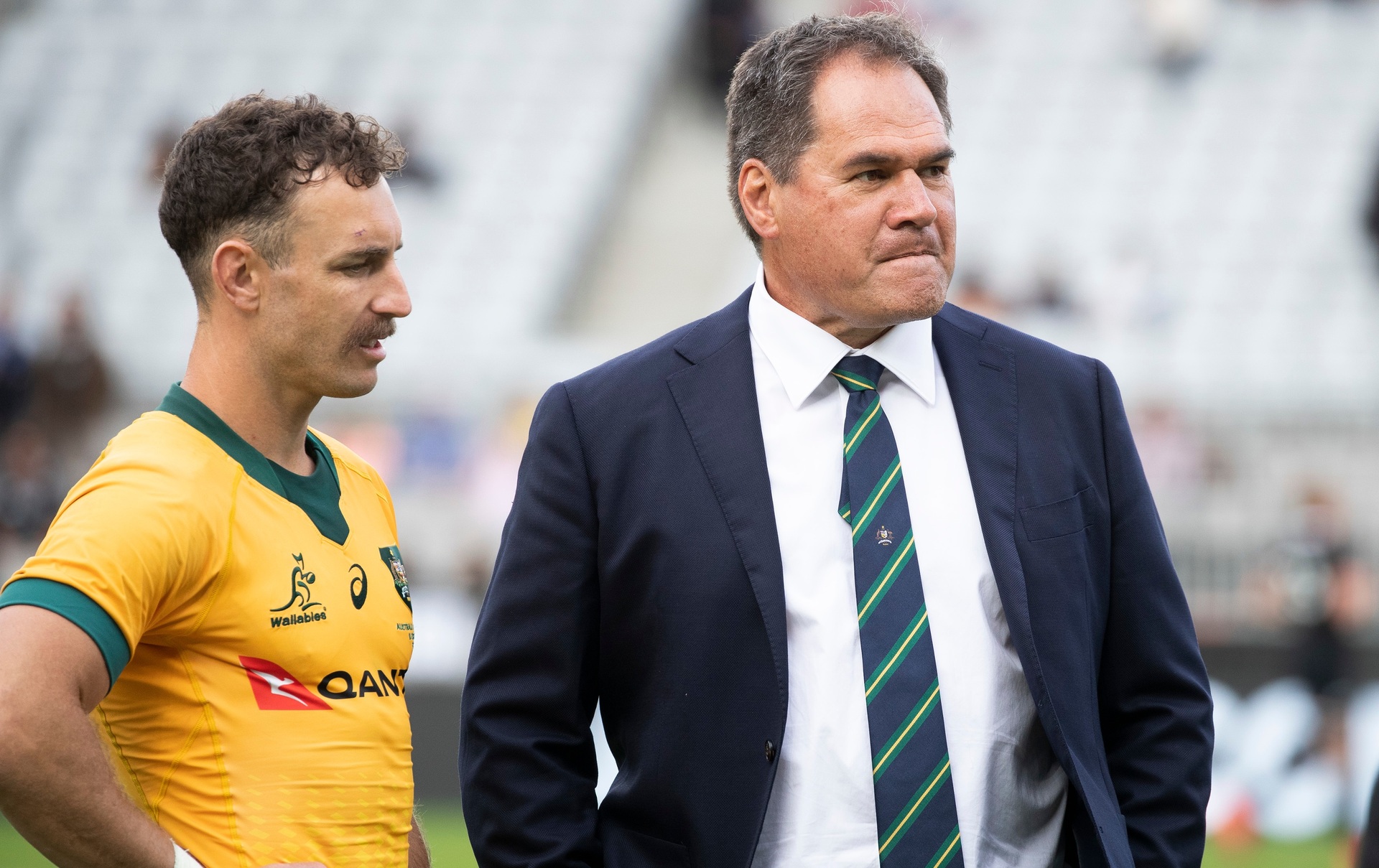 Wallabies coach Dave Rennie with Nic White. Photo / Photosport