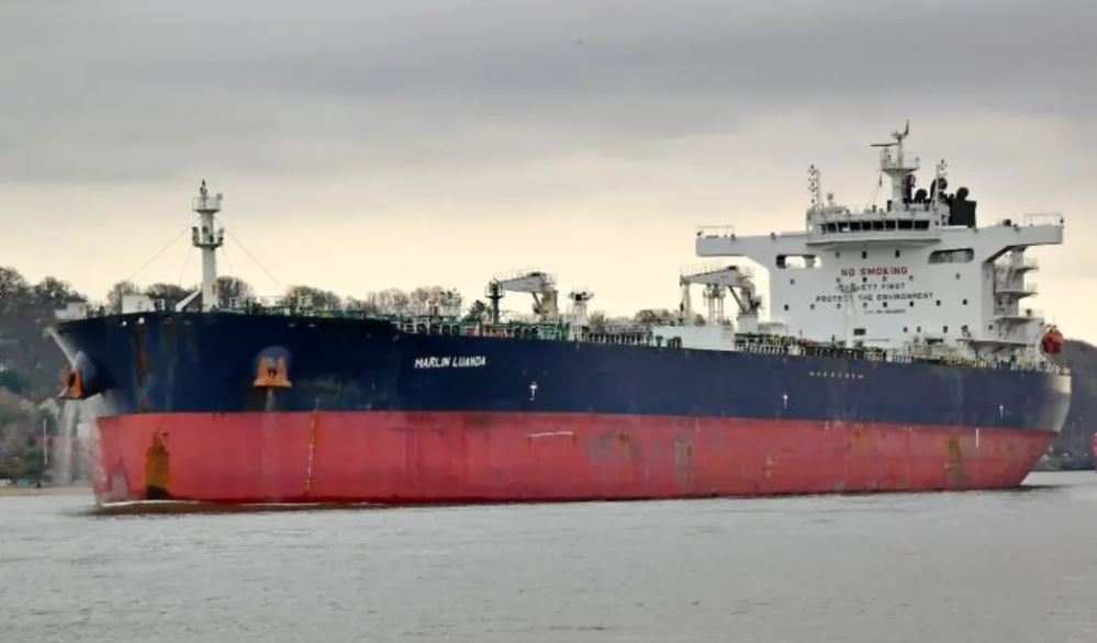 A fire broke out on the British oil tanker Marlin Luanda after it was struck by missiles in the Gulf of Aden. Photo / VesselFinder